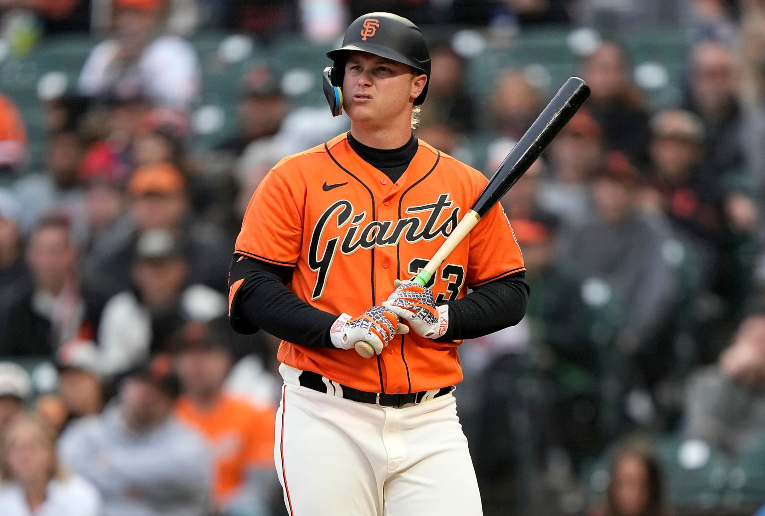 SAN FRANCISCO, CALIFORNIA - JULY 01: Joc Pederson #23 of the San Francisco Giants reacts after he was called out on strikes against the Chicago White Sox in the bottom of the first inning at Oracle Park on July 01, 2022 in San Francisco, California. (Photo by Thearon W. Henderson/Getty Images)