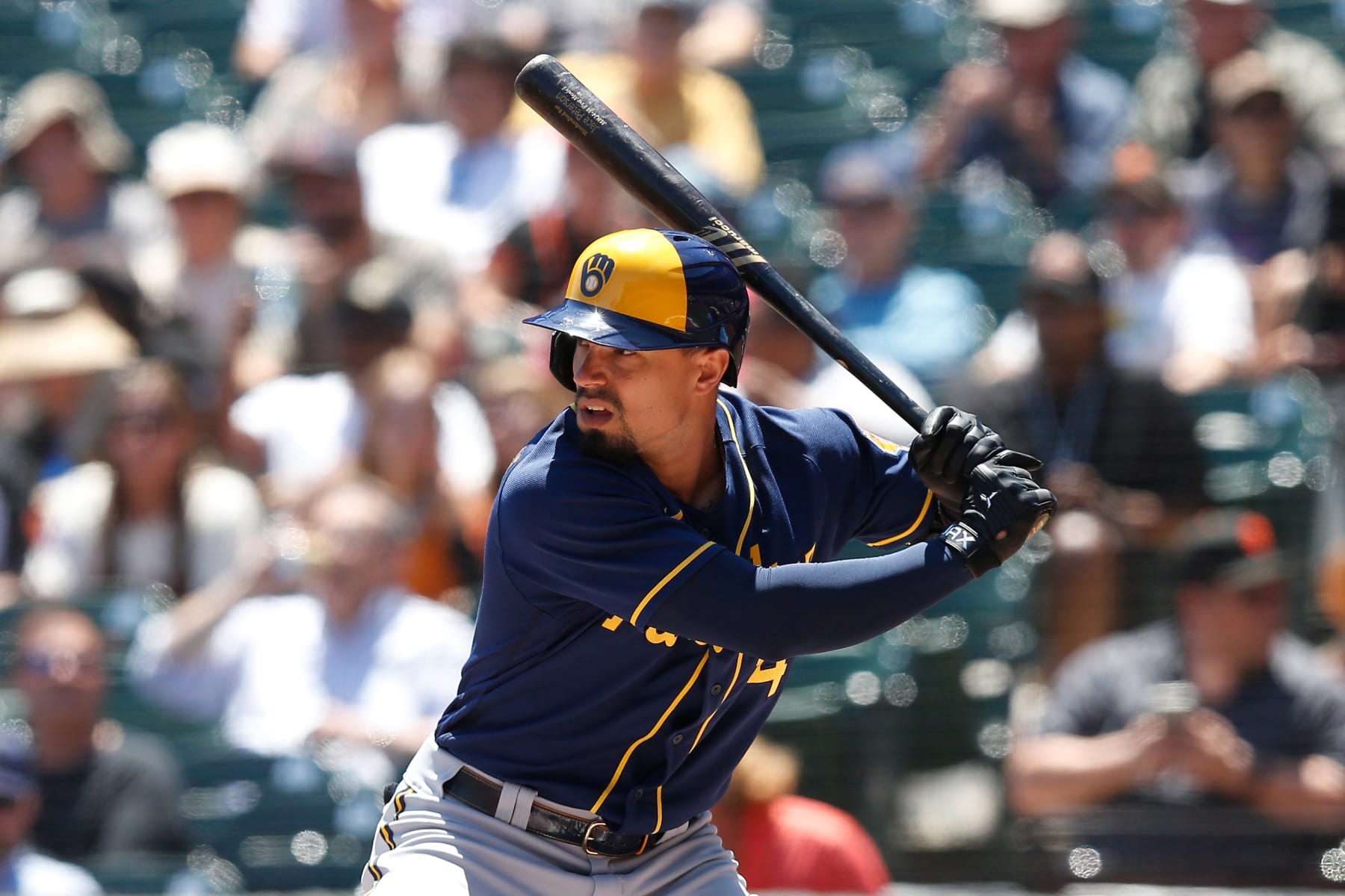SAN FRANCISCO, CALIFORNIA - JULY 17: Jace Peterson #14 of the Milwaukee Brewers at bat against the San Francisco Giants at Oracle Park on July 17, 2022 in San Francisco, California. (Photo by Lachlan Cunningham/Getty Images)