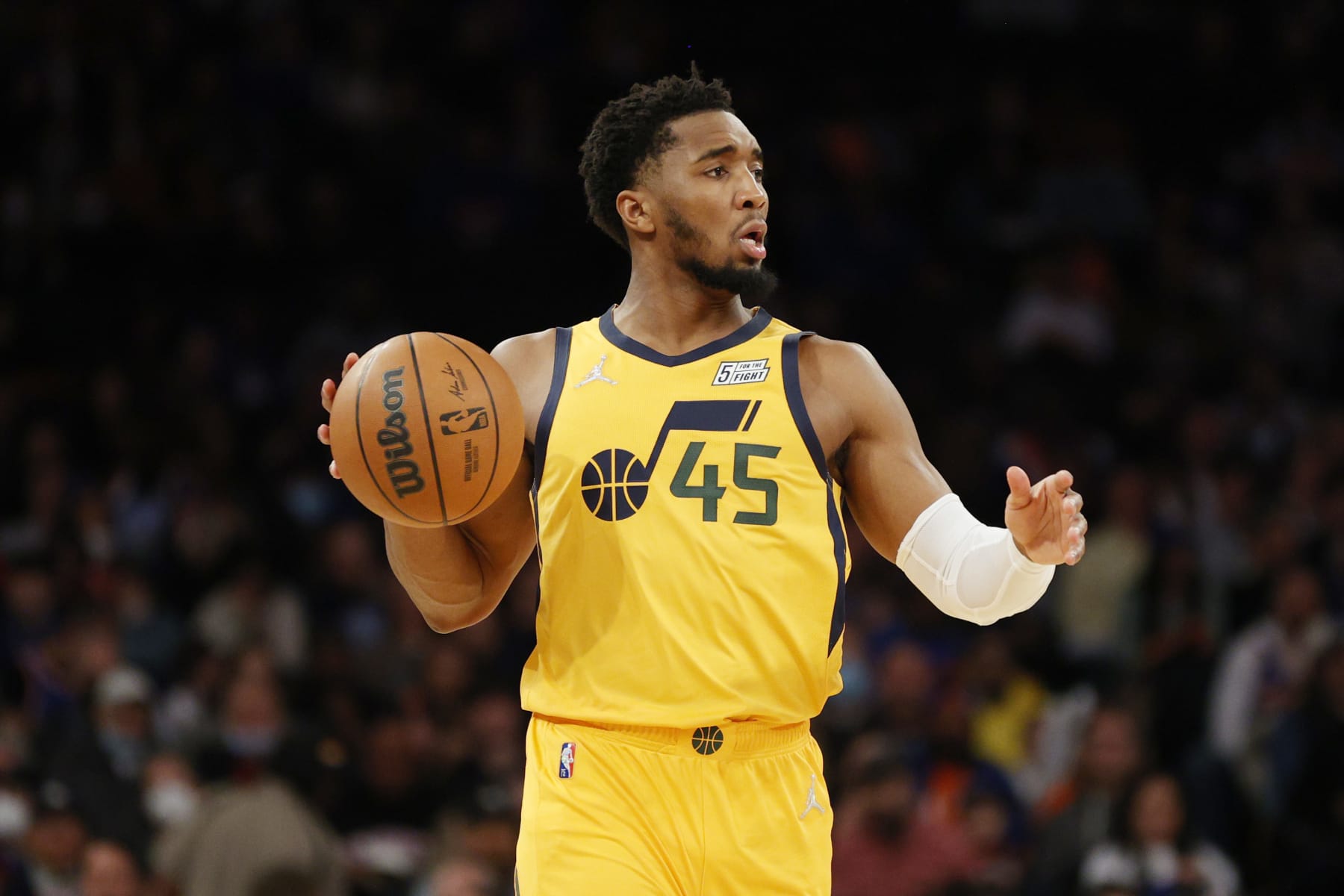 NEW YORK, NEW YORK - MARCH 20: Donovan Mitchell #45 of the Utah Jazz dribbles during the second half against the New York Knicks at Madison Square Garden on March 20, 2022 in New York City. The Jazz won 108-93. NOTE TO USER: User expressly acknowledges and agrees that, by downloading and or using this photograph, User is consenting to the terms and conditions of the Getty Images License Agreement. (Photo by Sarah Stier/Getty Images)
