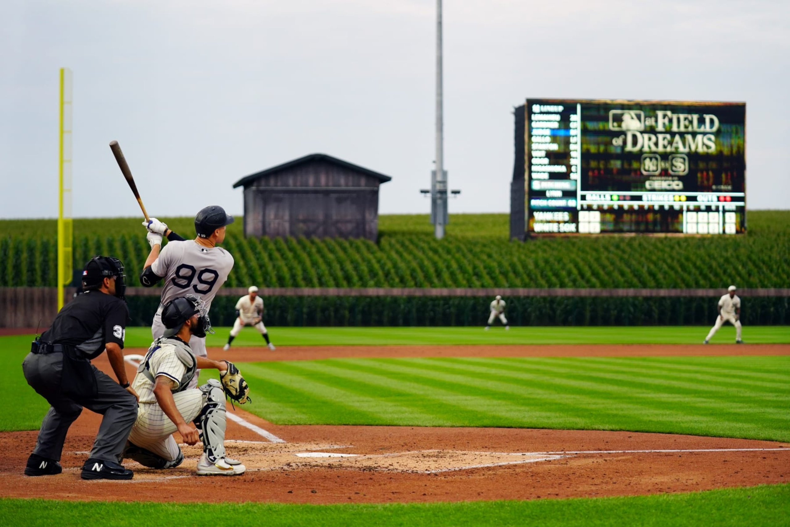 DYERSVILLE, IL - AUGUST 12:  Aaron Judge #99 of the New York Yankees hits a three-run home run in the third inning during the game between the New York Yankees and the Chicago White Sox at the MLB Field at Field of Dreams on Thursday, August 12, 2021 in Dyersville, Iowa. (Photo by Daniel Shirey/MLB Photos via Getty Images)
