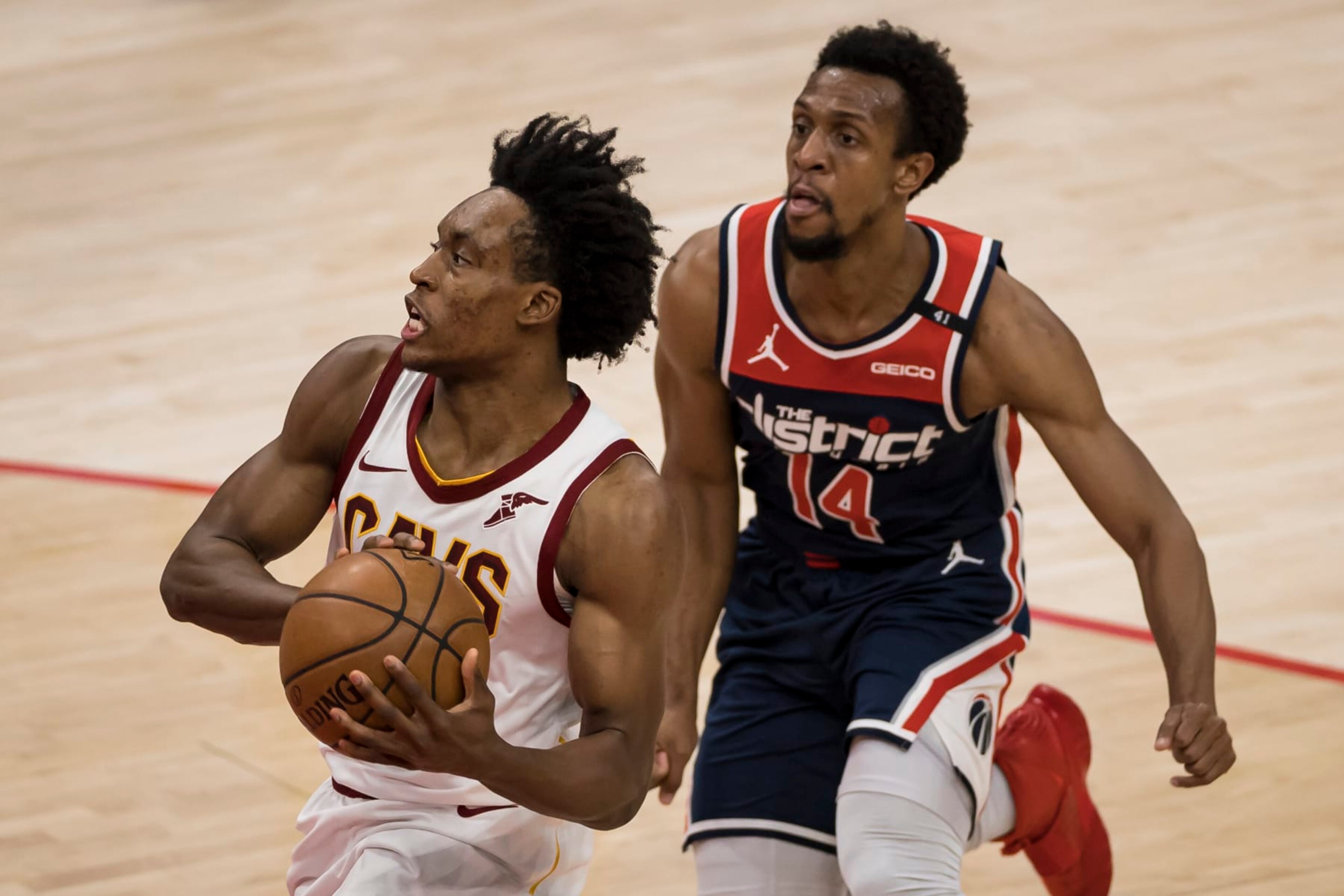 WASHINGTON, DC - MAY 14: Collin Sexton #2 of the Cleveland Cavaliers goes to the basket in front of Ish Smith #14 of the Washington Wizards during the second half at Capital One Arena on May 14, 2021 in Washington, DC. NOTE TO USER: User expressly acknowledges and agrees that, by downloading and or using this photograph, User is consenting to the terms and conditions of the Getty Images License Agreement. (Photo by Scott Taetsch/Getty Images) WASHINGTON, DC - MAY 14: Collin Sexton #2 of the Cleveland Cavaliers goes to the basket in front of Ish Smith #14 of the Washington Wizards during the second half at Capital One Arena on May 14, 2021 in Washington, DC. NOTE TO USER: User expressly acknowledges and agrees that, by downloading and or using this photograph, User is consenting to the terms and conditions of the Getty Images License Agreement. (Photo by Scott Taetsch/Getty Images)