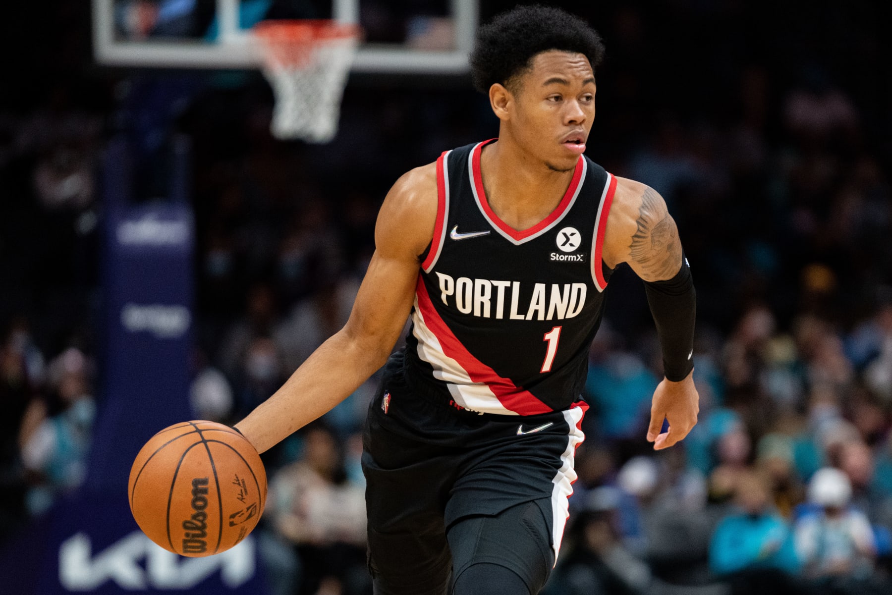 CHARLOTTE, NORTH CAROLINA - OCTOBER 31: Anfernee Simons #1 of the Portland Trail Blazers plays against the Charlotte Hornets during their game at Spectrum Center on October 31, 2021 in Charlotte, North Carolina. NOTE TO USER: User expressly acknowledges and agrees that, by downloading and or using this photograph, User is consenting to the terms and conditions of the Getty Images License Agreement. (Photo by Jacob Kupferman/Getty Images)