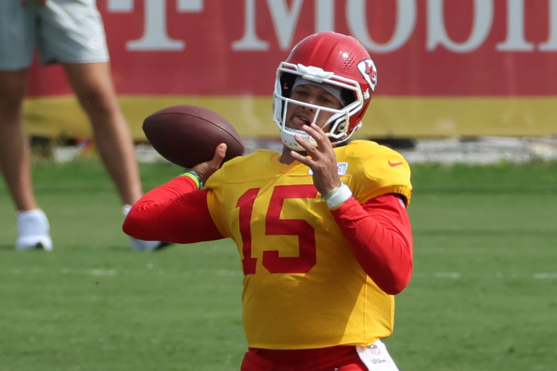 ST. JOSEPH, MO - AUGUST 07: Kansas City Chiefs quarterback Patrick Mahomes (15) drops back to pass during training camp on August 7, 2022 at Missouri Western State University in St. Joseph, MO. (Photo by Scott Winters/Icon Sportswire via Getty Images)