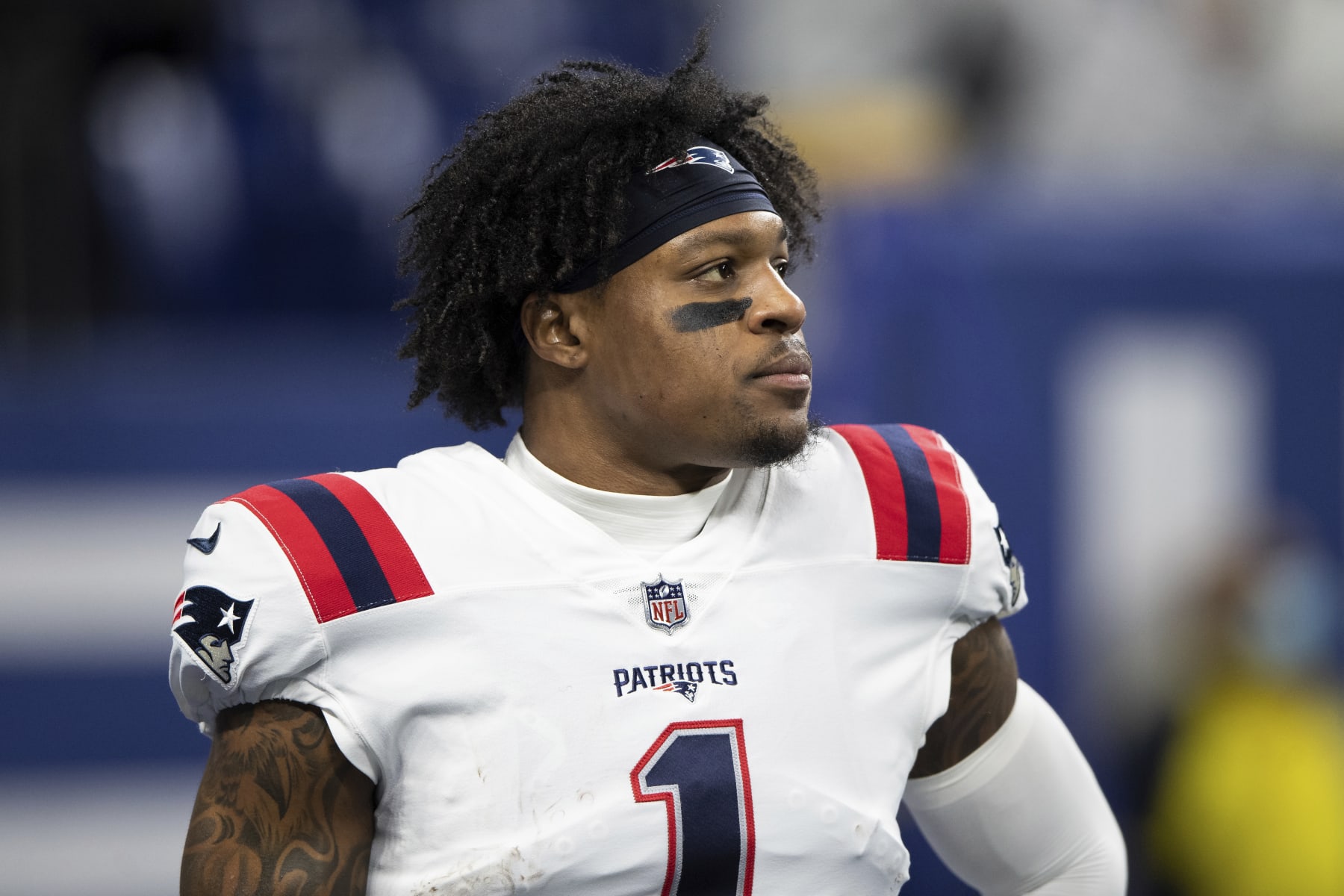 New England Patriots wide receiver N'Keal Harry (1) warms up on the field before an NFL football game against the Indianapolis Colts, Saturday, Dec. 18, 2021, in Indianapolis. (AP Photo/Zach Bolinger)