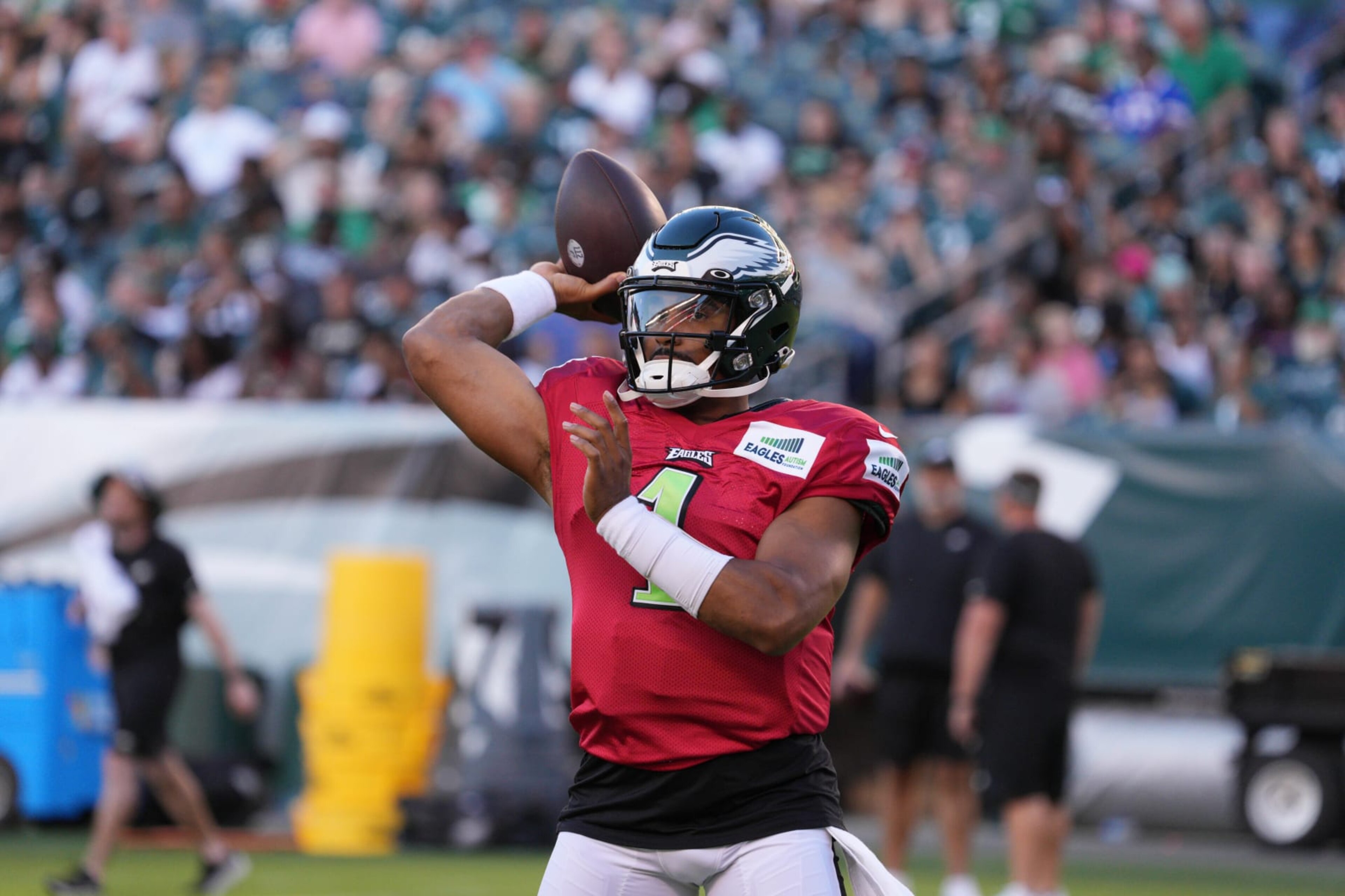 PHILADELPHIA, PA - AUGUST 07: Philadelphia Eagles quarterback Jalen Hurts (1) throws a pass during training camp on August 7, 2022 at Lincoln Financial Field in Philadelphia PA. (Photo by Andy Lewis/Icon Sportswire via Getty Images) PHILADELPHIA, PA - AUGUST 07: Philadelphia Eagles quarterback Jalen Hurts (1) throws a pass during training camp on August 7, 2022 at Lincoln Financial Field in Philadelphia PA. (Photo by Andy Lewis/Icon Sportswire via Getty Images)