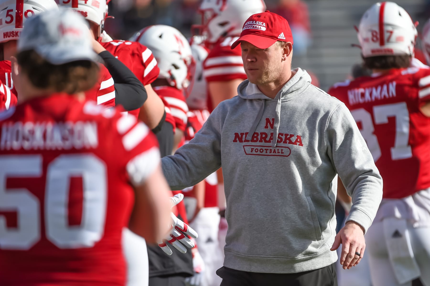 LINCOLN, NE - NOVEMBER 26: Head coach Scott Frost of the Nebraska Cornhuskers with the team before the game at Memorial Stadium against the Iowa Hawkeyes on November 26, 2021 in Lincoln, Nebraska. (Photo by Steven Branscombe/Getty Images)