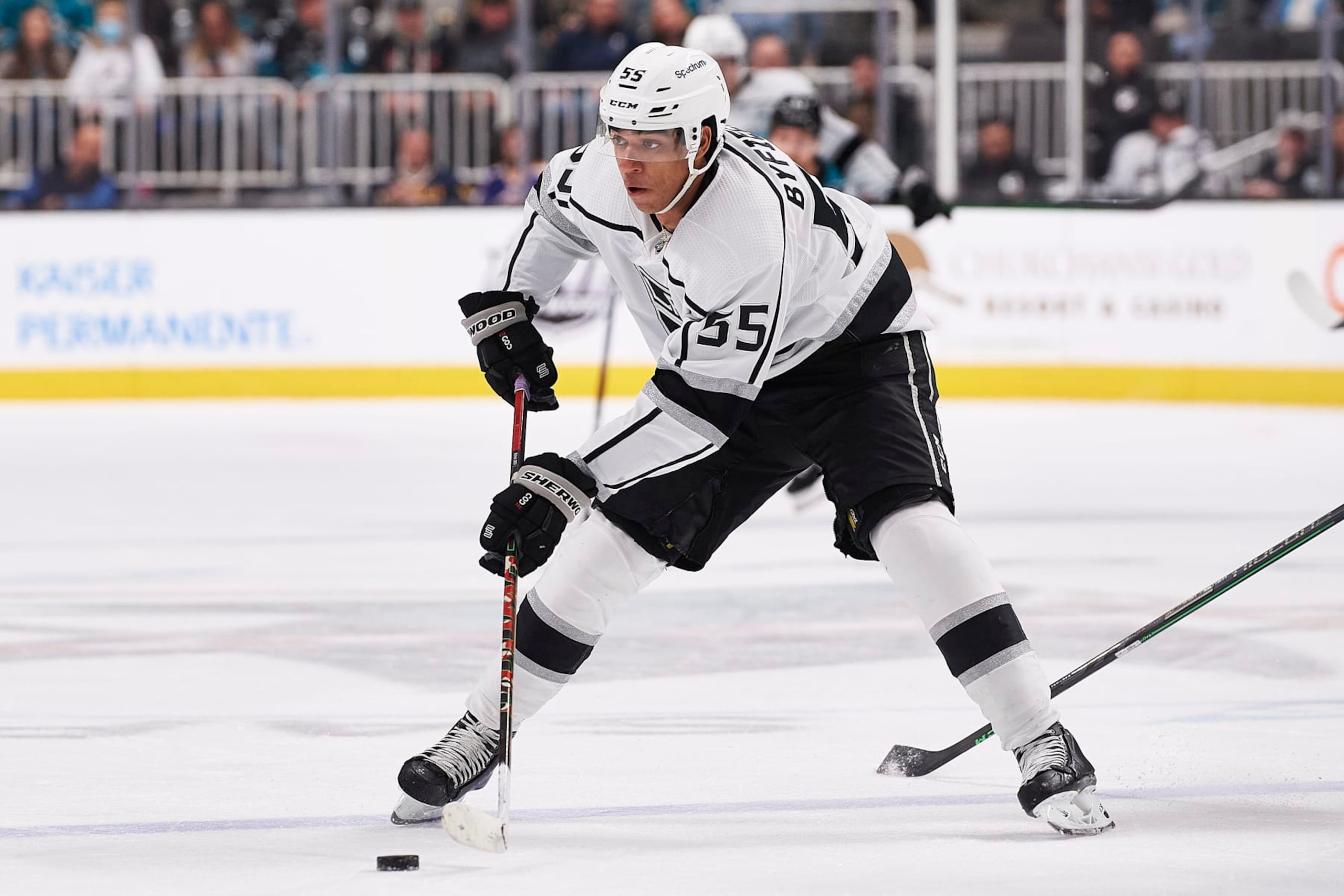 SAN JOSE, CA - MARCH 12: Los Angeles Kings center Quinton Byfield (55) carries the puck during the NHL game between the San Jose Sharks and the Los Angeles Kings on March 12, 2022 at SAP Center in San Jose, CA. (Photo by Matt Cohen/Icon Sportswire via Getty Images)