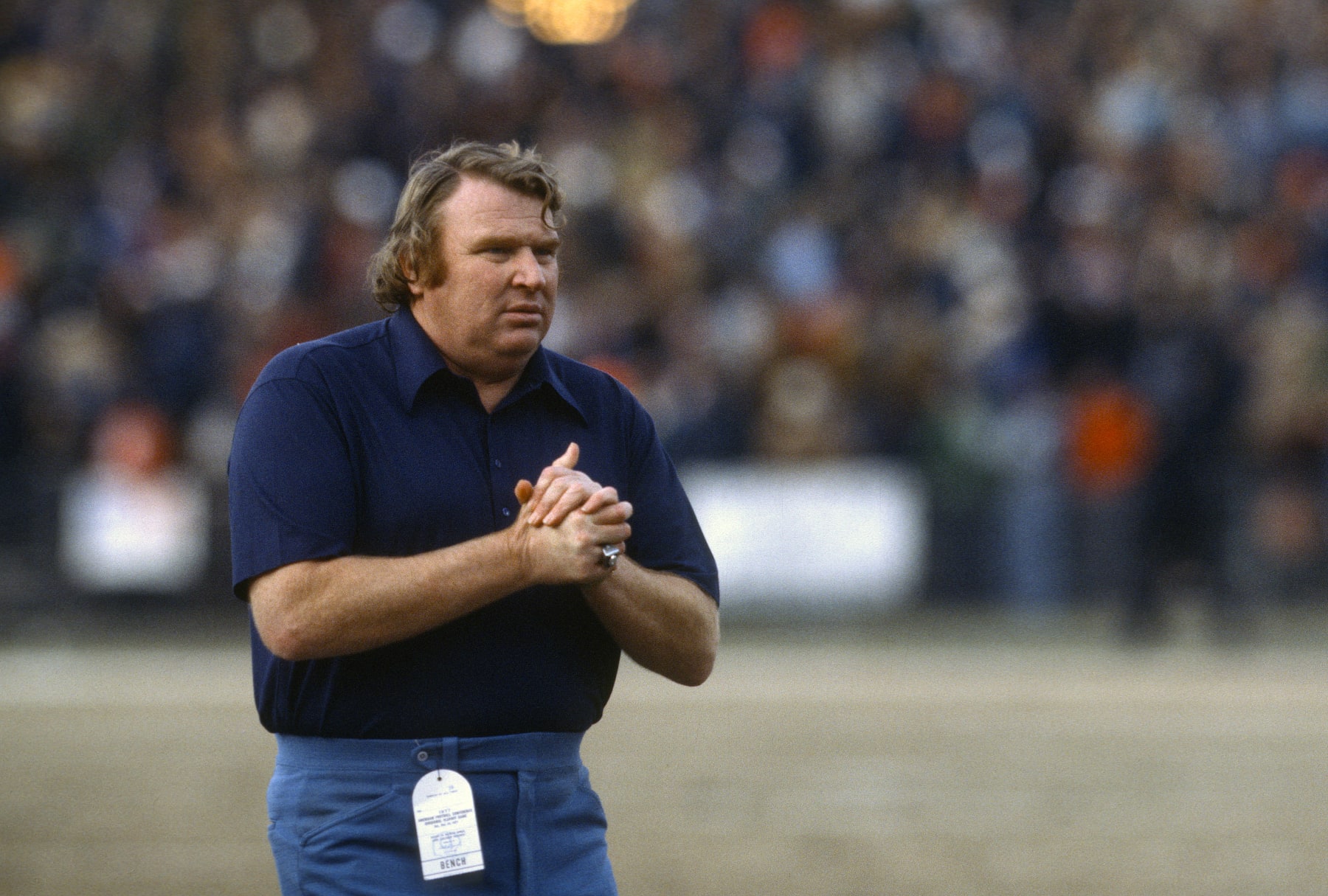 UNSPECIFIED - CIRCA 1977:  John Madden head coach of the Oakland Raiders looks on from the sidelines during an NFL football game circa 1977. Madden coached the Raiders from 1969-78. (Photo by Focus on Sport/Getty Images)