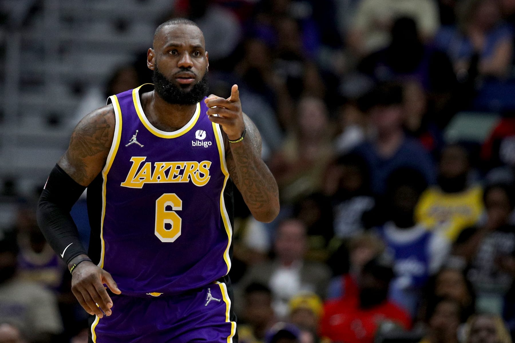 NEW ORLEANS, LOUISIANA - MARCH 27: LeBron James #6 of the Los Angeles Lakers reacts afer scoring during the second quarter of an NBA game P at Smoothie King Center on March 27, 2022 in New Orleans, Louisiana. NOTE TO USER: User expressly acknowledges and agrees that, by downloading and or using this photograph, User is consenting to the terms and conditions of the Getty Images License Agreement. (Photo by Sean Gardner/Getty Images)