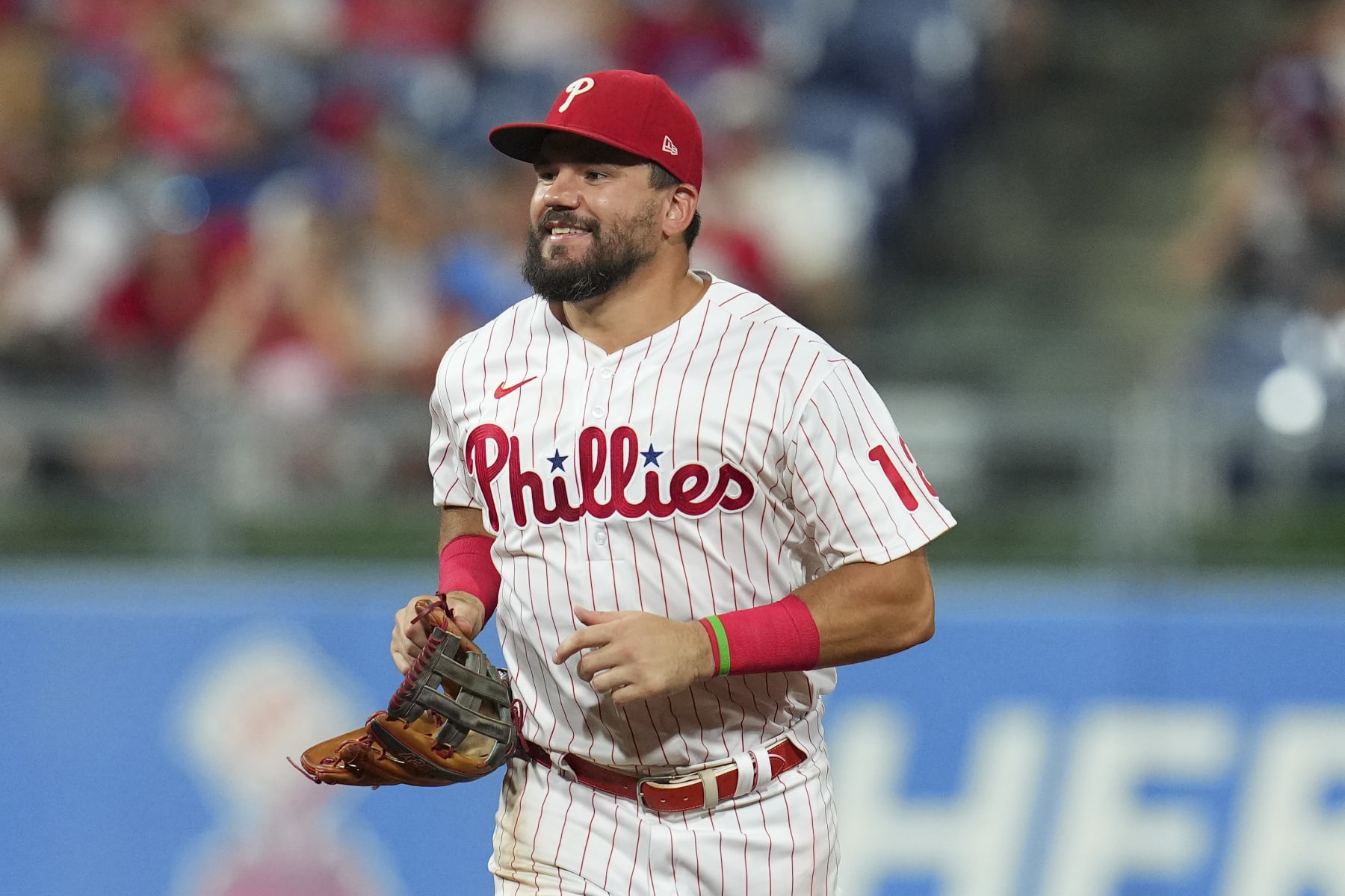PHILADELPHIA, PA - AUGUST 09: Kyle Schwarber #12 of the Philadelphia Phillies smiles against the Miami Marlins at Citizens Bank Park on August 9, 2022 in Philadelphia, Pennsylvania. (Photo by Mitchell Leff/Getty Images)