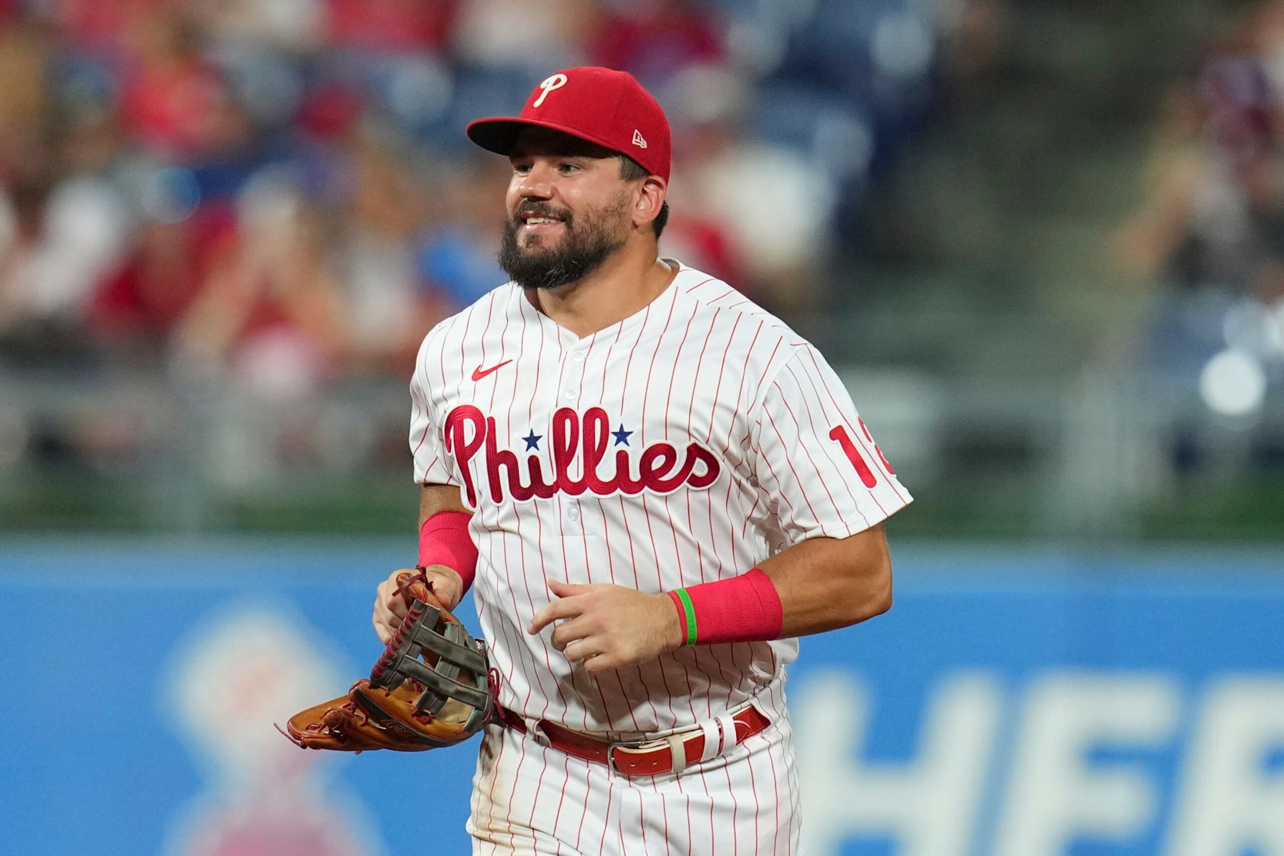 PHILADELPHIA, PA - AUGUST 09: Kyle Schwarber #12 of the Philadelphia Phillies smiles against the Miami Marlins at Citizens Bank Park on August 9, 2022 in Philadelphia, Pennsylvania. (Photo by Mitchell Leff/Getty Images)