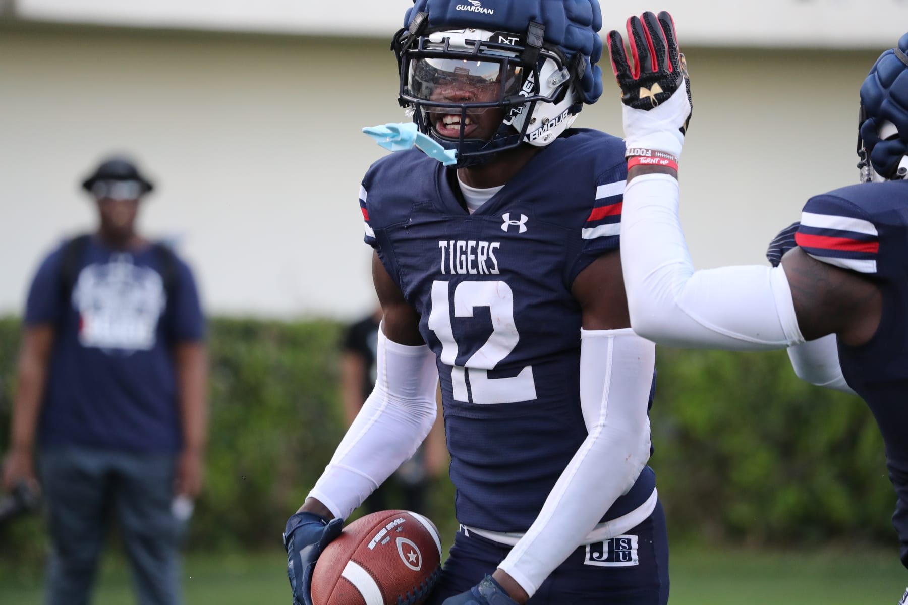 JACKSON, MISSISSIPPI APRIL 24: JSU receiver 5 star Travis Hunter celebrates after hauling in an interception during the annual spring football game. (Aron Smith/University Communications/Jackson State University via Getty Images)