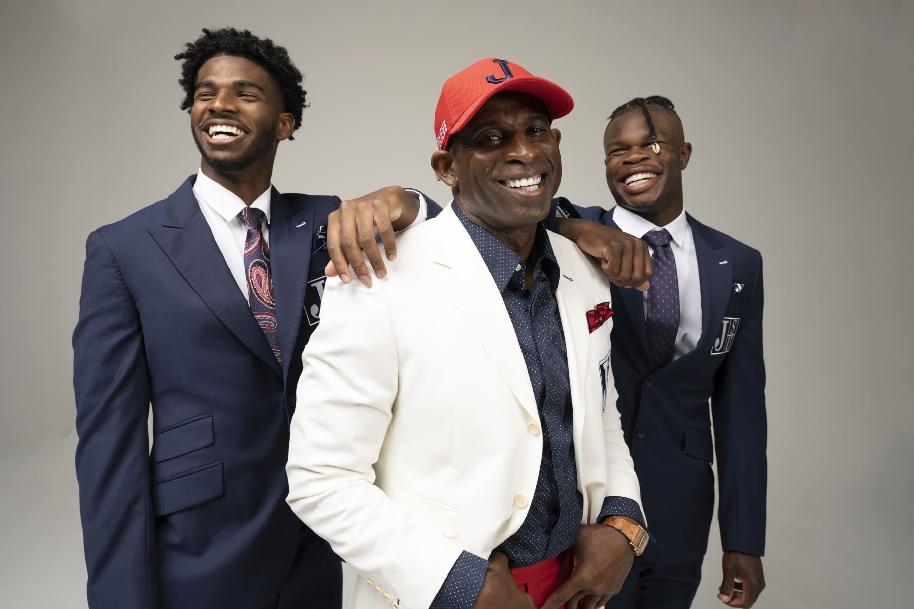Football: Portrait of Jackson State University head football coach Deion Sanders (C) with (L-R) Shedeur Sanders and Travis Hunter during a photo shoot at Natural Light Studio Dallas.
Dallas, TX 5/9/2022
CREDIT: Marcus Smith (Photo by Marcus Smith/Sports Illustrated via Getty Images)
(Set Number: X164055 TK1)