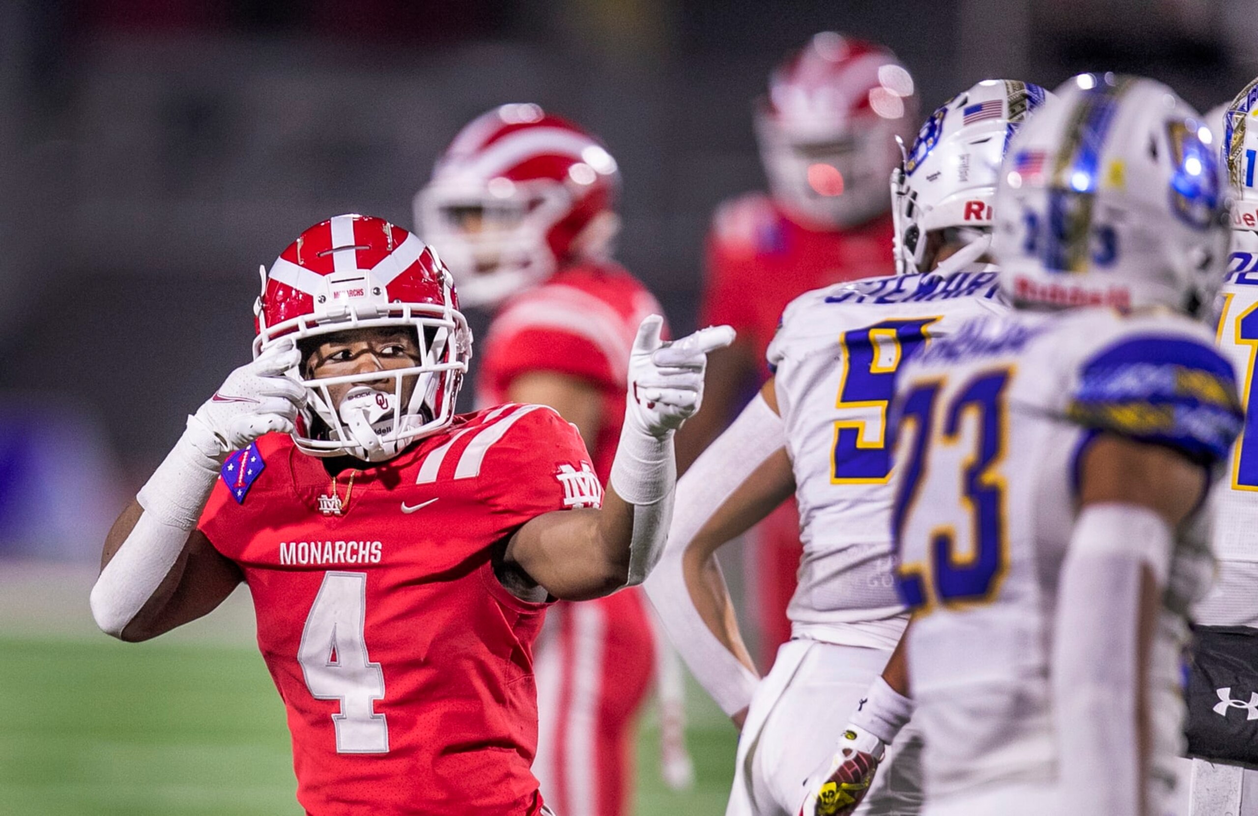 Mission Viejo, CA - December 11: Mater Dei running back Raleek Brown celebrates after gaining yardage on a play in the third quarter as they beat San Mateo Serra 44-7 to win the 2021 CIF State Football Championship Bowl Games Open Division tournament at Saddleback College, Mission Viejo, CA on Saturday, Dec. 11, 2021. (Allen J. Schaben / Los Angeles Times via Getty Images)
