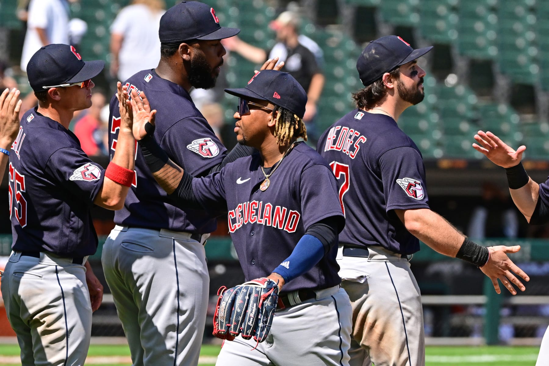 CHICAGO, ILLINOIS - JULY 23: Jose Ramirez #11 of the Cleveland Guardians celebrates with teammates after the 7-4 win against the Chicago White Sox during game one of a doubleheader at Guaranteed Rate Field on July 23, 2022 in Chicago, Illinois. (Photo by Quinn Harris/Getty Images)