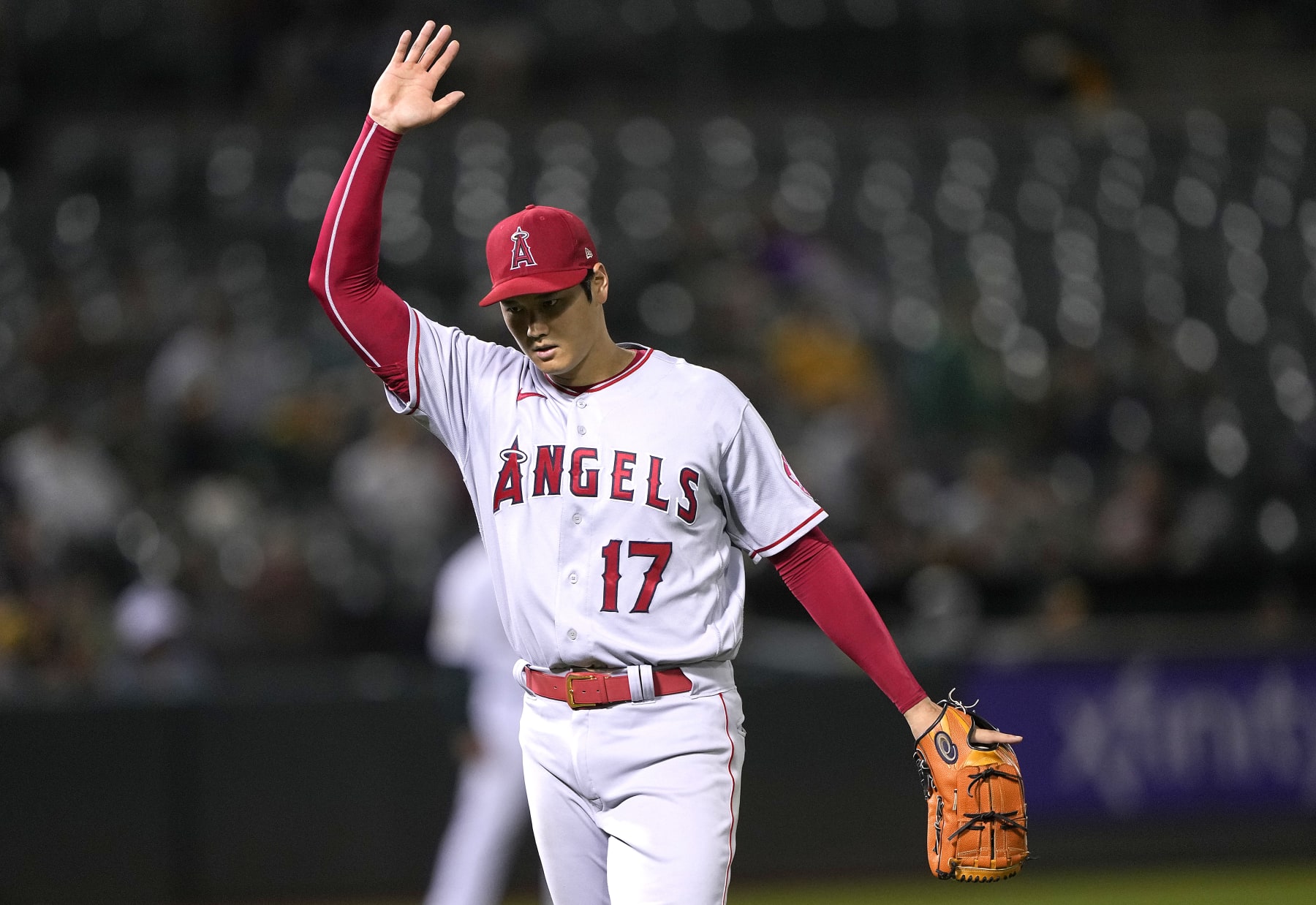 OAKLAND, CALIFORNIA - AUGUST 09: Shohei Ohtani #17 of the Los Angeles Angels reacts after getting the final out against the Oakland Athletics in the bottom of the six inning at RingCentral Coliseum on August 09, 2022 in Oakland, California. (Photo by Thearon W. Henderson/Getty Images)
