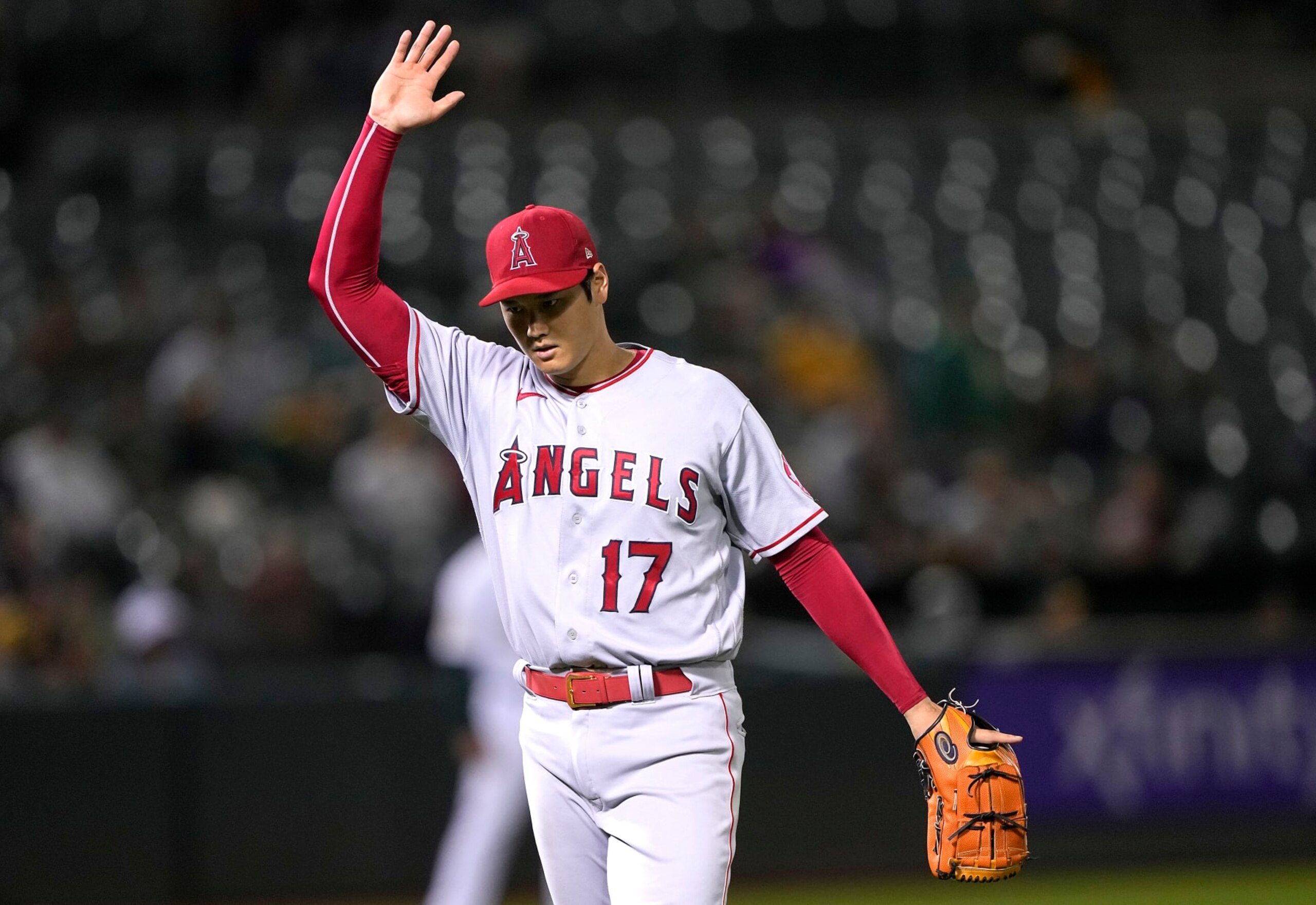 OAKLAND, CALIFORNIA - AUGUST 09: Shohei Ohtani #17 of the Los Angeles Angels reacts after getting the final out against the Oakland Athletics in the bottom of the six inning at RingCentral Coliseum on August 09, 2022 in Oakland, California. (Photo by Thearon W. Henderson/Getty Images)