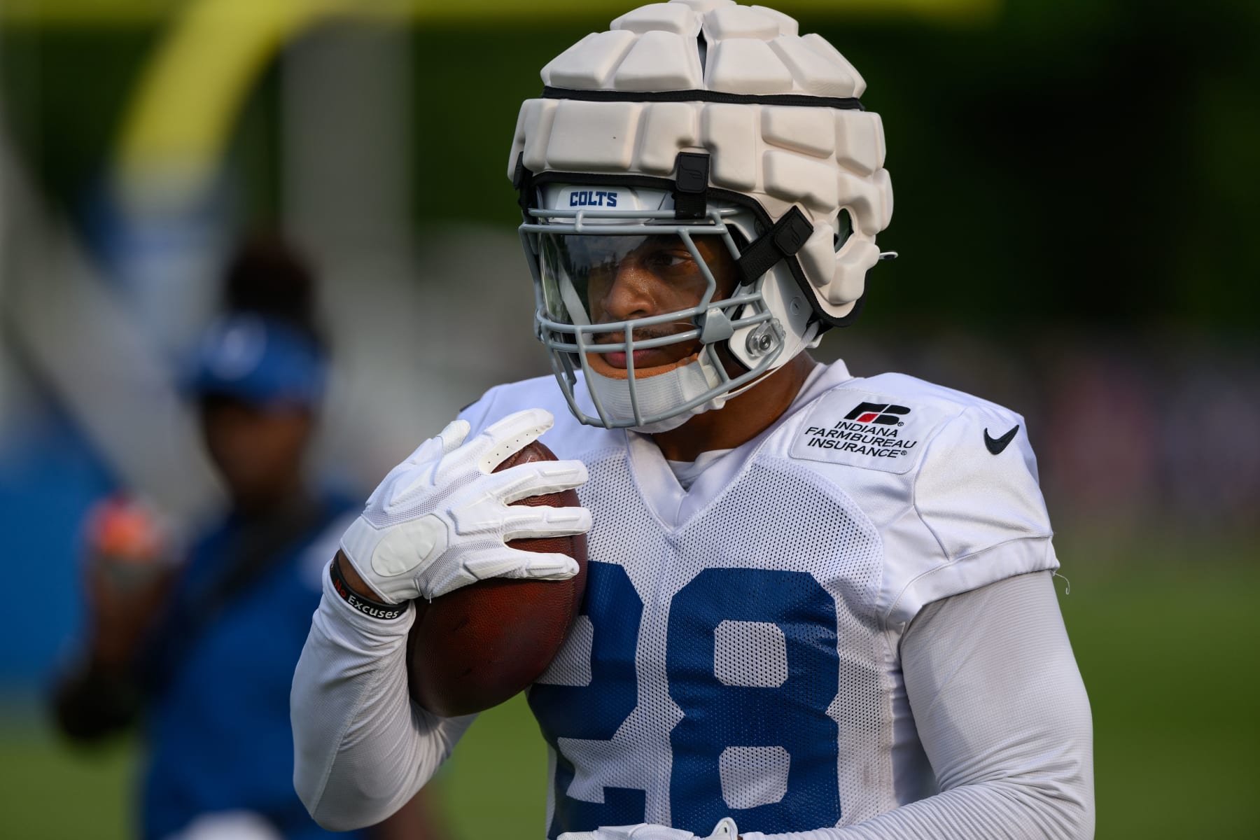 WESTFIELD, IN - JULY 30: Indianapolis Colts running back Jonathan Taylor (28) runs through a drill during the Indianapolis Colts Training Camp practice on July 30, 2022 at Grand Park Sports Campus in Westfield, IN. (Photo by Zach Bolinger/Icon Sportswire via Getty Images)