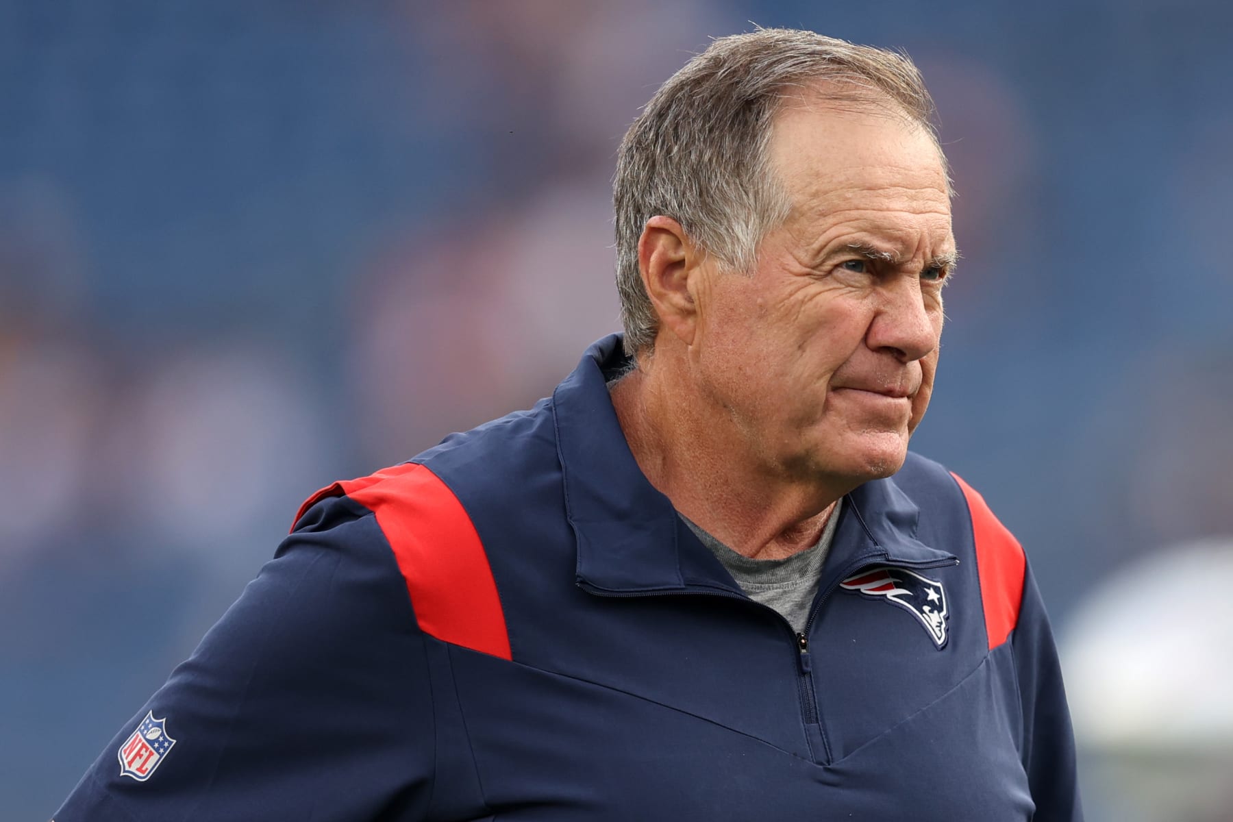 FOXBOROUGH, MASSACHUSETTS - AUGUST 11: Head coach Bill Belichick of the New England Patriots looks on ahead of the preseason game between the New York Giants and the New England Patriots at Gillette Stadium on August 11, 2022 in Foxborough, Massachusetts. (Photo by Maddie Meyer/Getty Images)