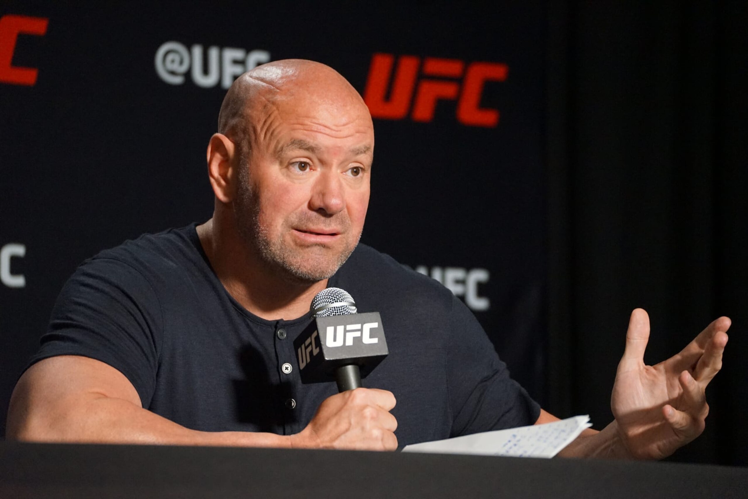LAS VEGAS, NV- AUGUST 9: Dana White speaks to the media following week 3 of Dana White Contender Series on August 9, 2022, at the UFC APEX in Las Vegas, NV. (Photo by Amy Kaplan/Icon Sportswire via Getty Images)