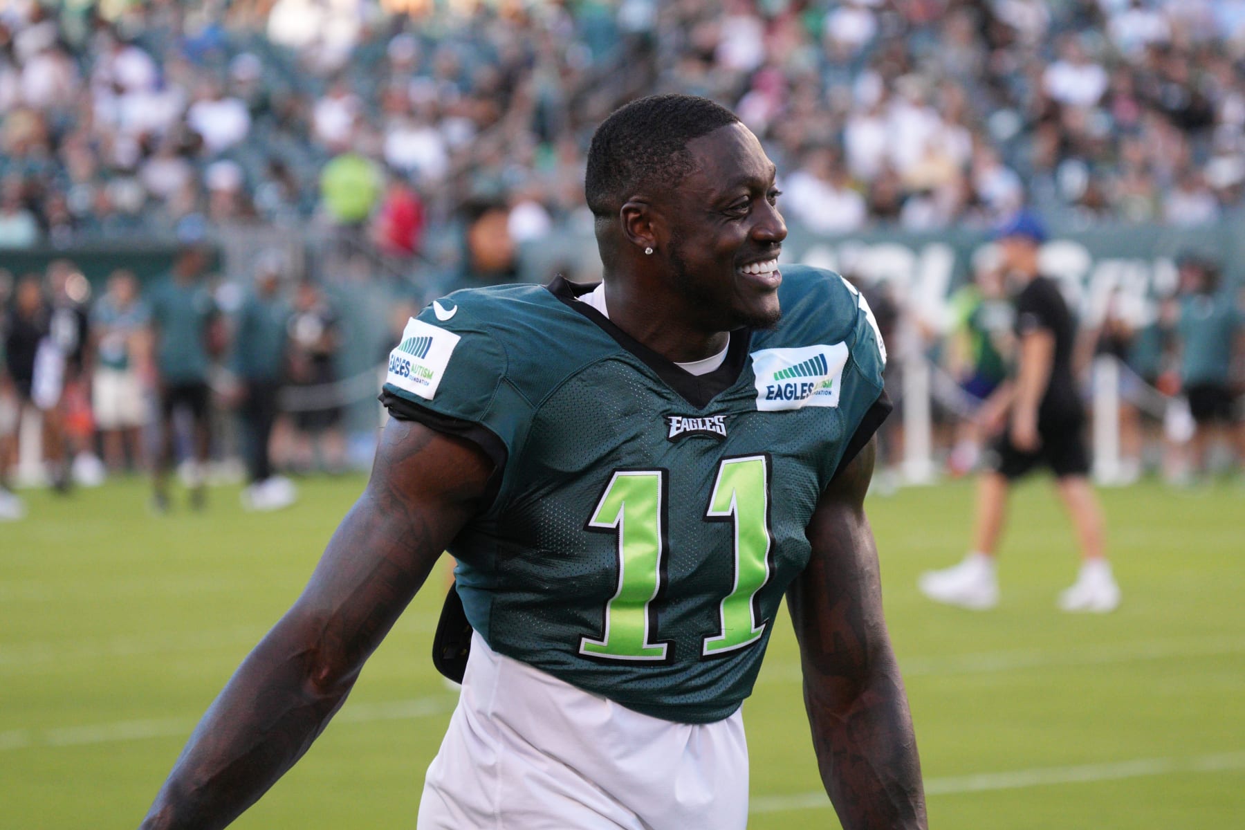 PHILADELPHIA, PA - AUGUST 07: Philadelphia Eagles wide receiver A.J. Brown (11) looks on during training camp on August 7, 2022 at Lincoln Financial Field in Philadelphia PA. (Photo by Andy Lewis/Icon Sportswire via Getty Images)