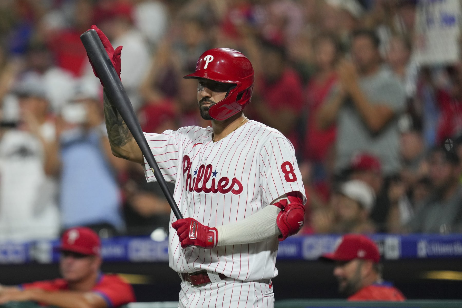 PHILADELPHIA, PA - AUGUST 09: Nick Castellanos #8 of the Philadelphia Phillies reacts against the Miami Marlins at Citizens Bank Park on August 9, 2022 in Philadelphia, Pennsylvania. (Photo by Mitchell Leff/Getty Images)