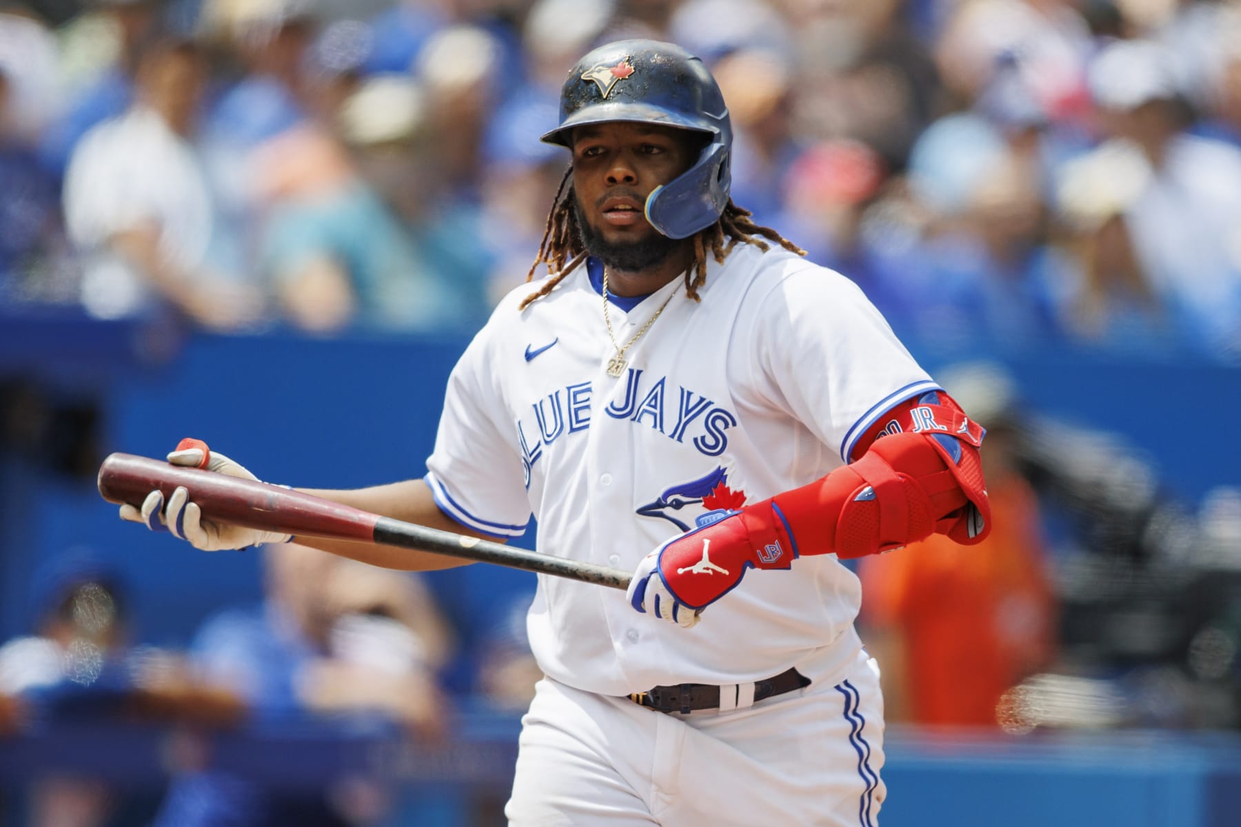 TORONTO, ON - JULY 31: Vladimir Guerrero Jr. #27 of the Toronto Blue Jays at bat in the fifth inning of their MLB game against the Detroit Tigers at Rogers Centre on July 31, 2022 in Toronto, Canada. (Photo by Cole Burston/Getty Images)