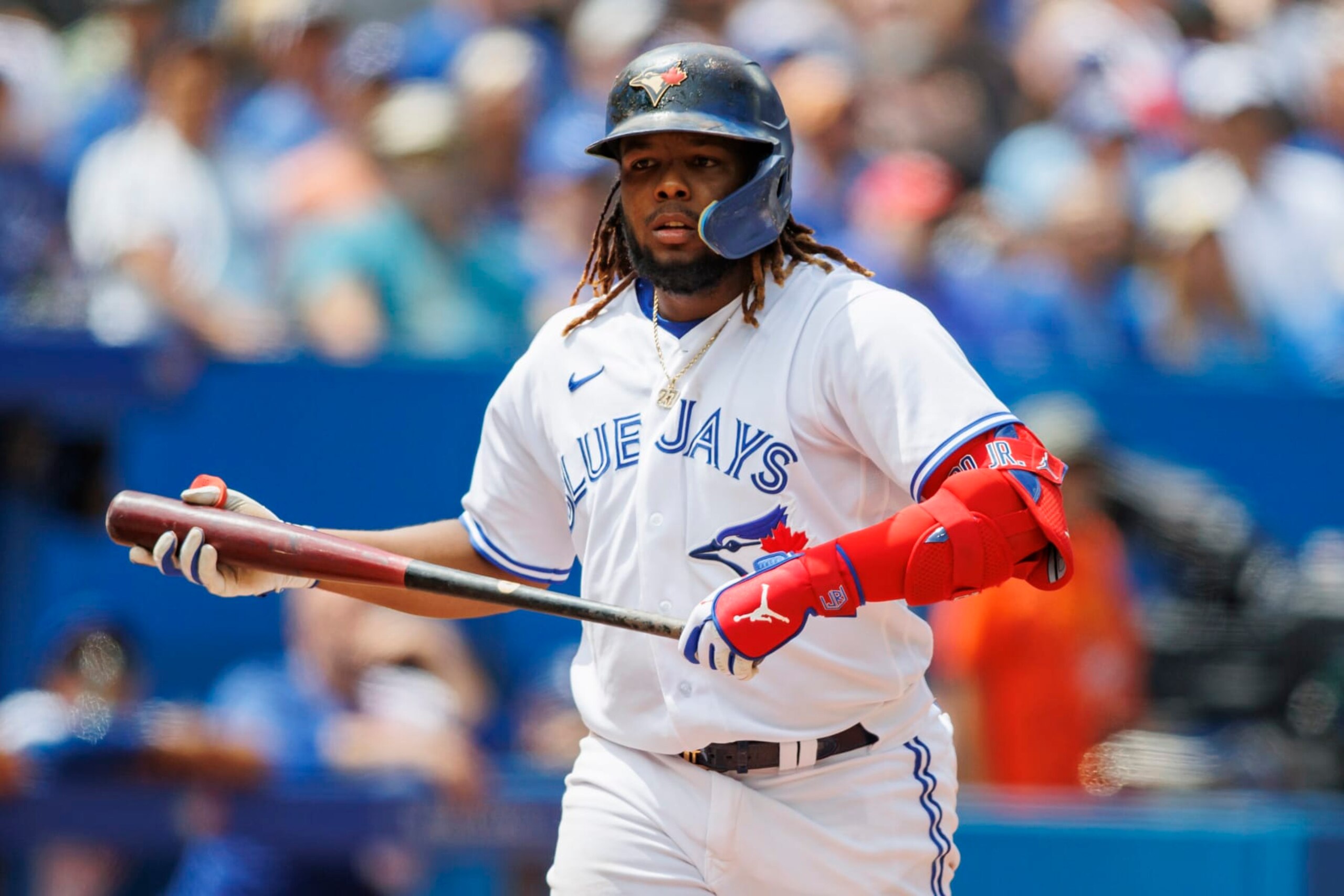 TORONTO, ON - JULY 31: Vladimir Guerrero Jr. #27 of the Toronto Blue Jays at bat in the fifth inning of their MLB game against the Detroit Tigers at Rogers Centre on July 31, 2022 in Toronto, Canada. (Photo by Cole Burston/Getty Images)