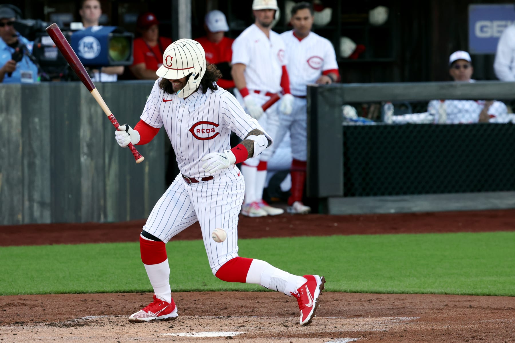 DYERSVILLE, OH - AUGUST 11:  Jonathan India #6 of the Cincinnati Reds gets hit by a pitch during the game between the Chicago Cubs and the Cincinnati Reds at The MLB Field at Field of Dreams on Thursday, August 11, 2022 in Dyersville, Iowa. (Photo by Mary DeCicco/MLB Photos via Getty Images)