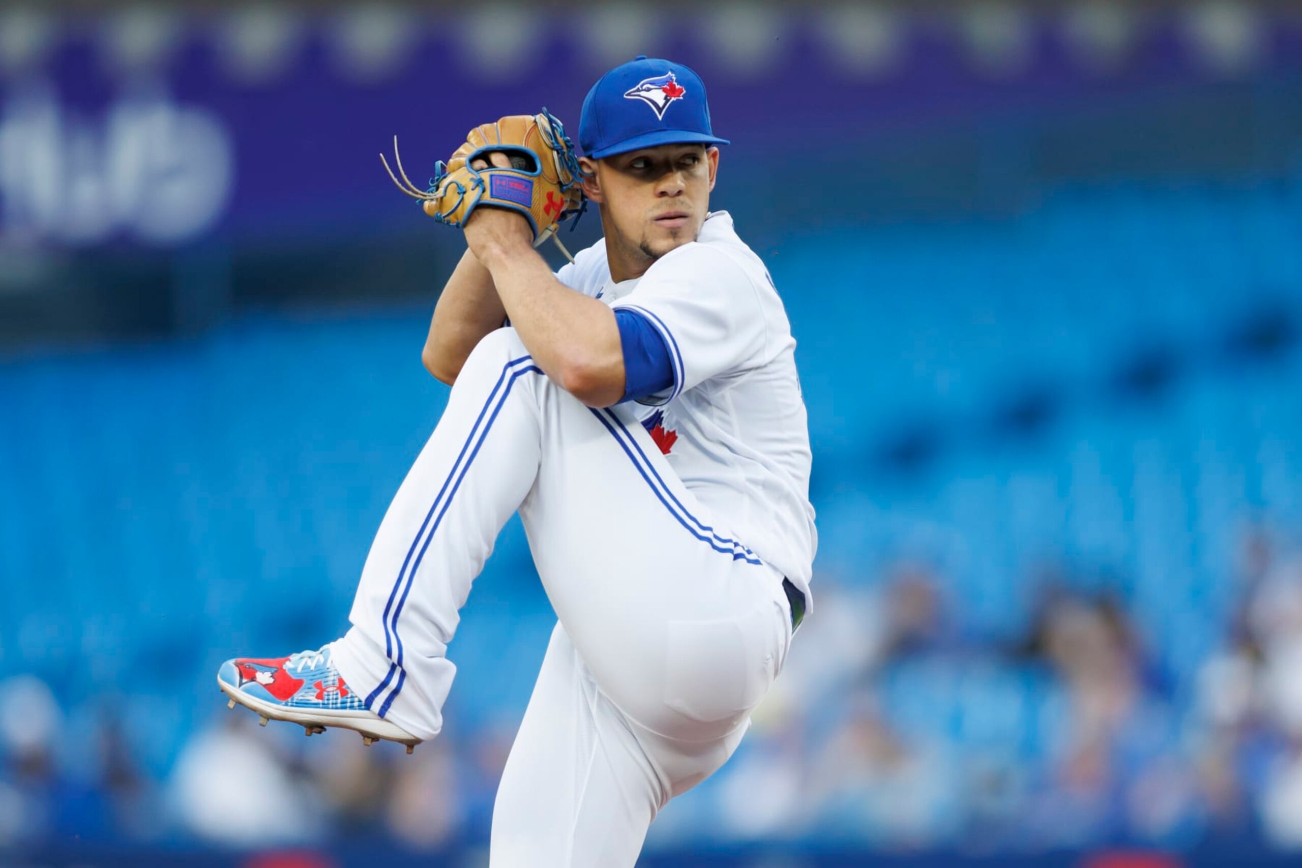 TORONTO, ON - JUNE 15: Jose Berrios #17 of the Toronto Blue Jays pitches in the first inning of their MLB game against the Baltimore Orioles at Rogers Centre on June 15, 2022 in Toronto, Canada. (Photo by Cole Burston/Getty Images)