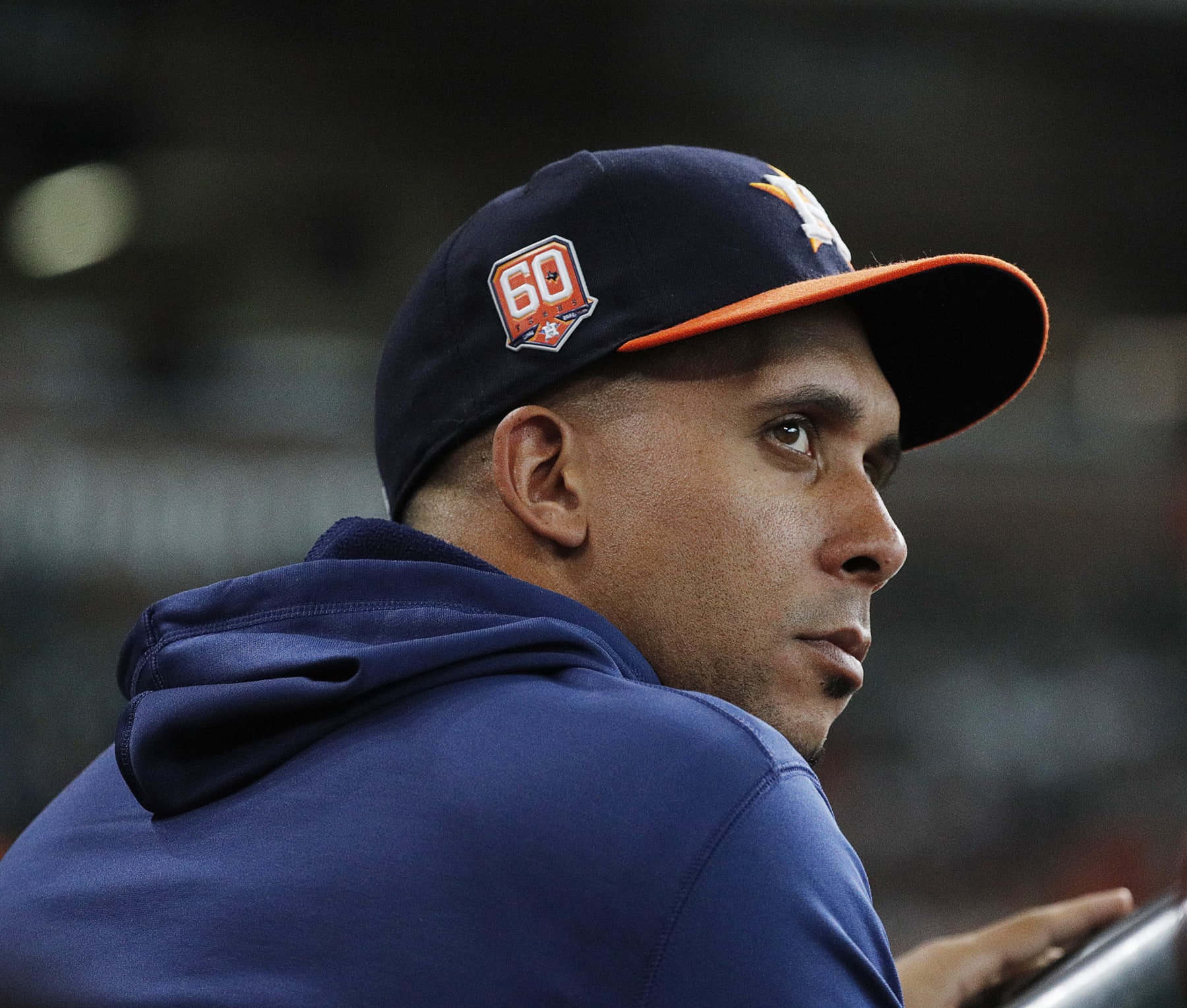HOUSTON, TEXAS - JULY 17: Michael Brantley #23 of the Houston Astros watches from the bench against the Oakland Athletics at Minute Maid Park on July 17, 2022 in Houston, Texas. (Photo by Bob Levey/Getty Images)