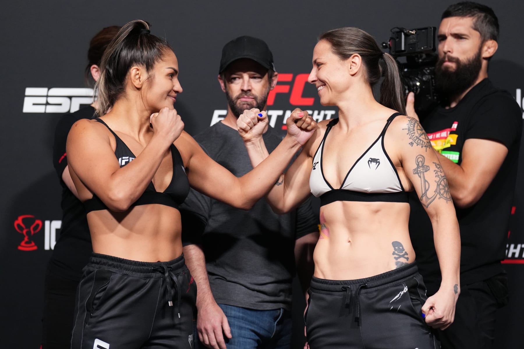 LAS VEGAS, NEVADA - JULY 08: (L-R) Opponents Cynthia Calvillo and Nina Nunes face off during the UFC Fight Night weigh-in at UFC APEX on July 08, 2022 in Las Vegas, Nevada. (Photo by Chris Unger/Zuffa LLC)