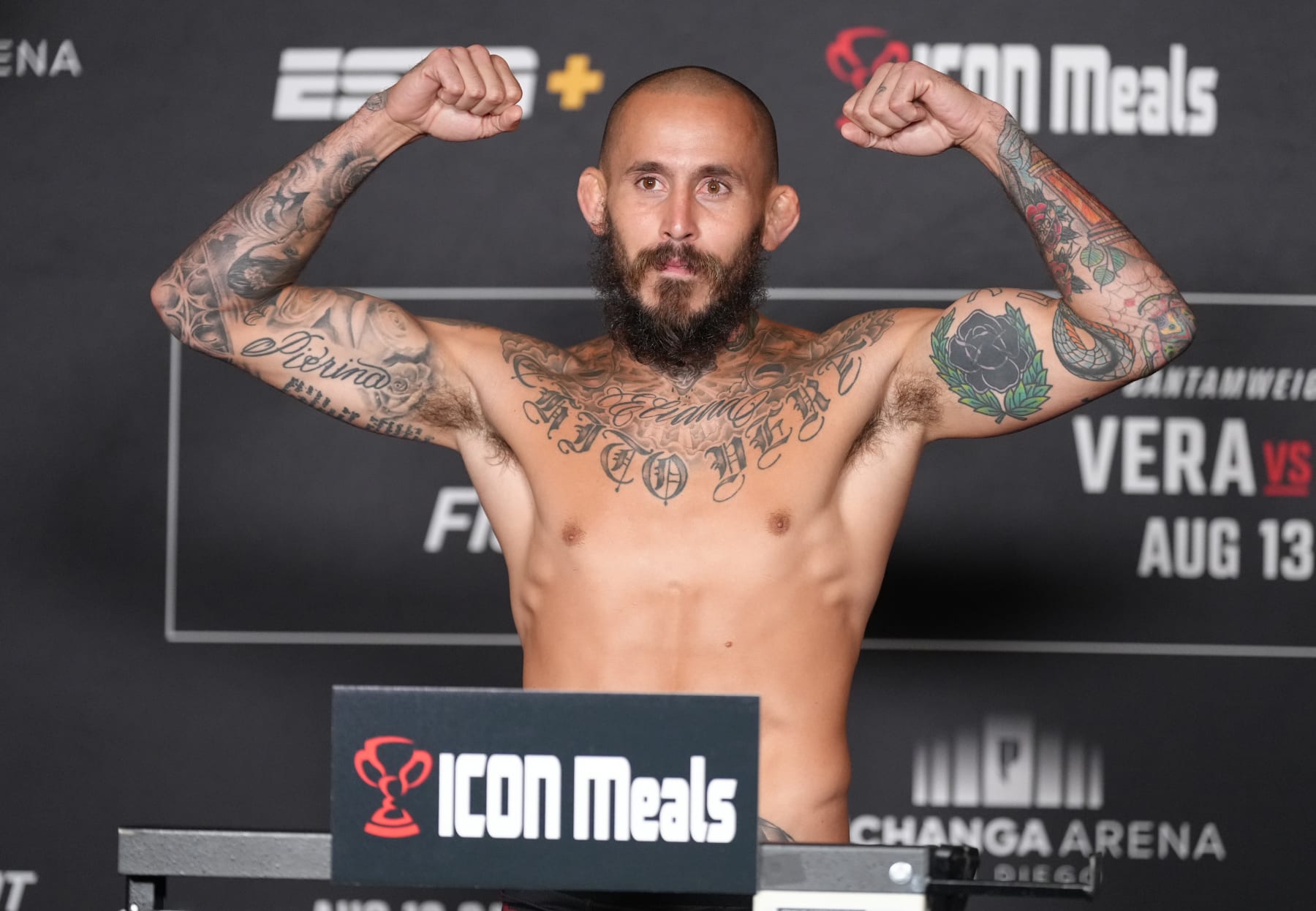 LAS VEGAS, NEVADA - AUGUST 12: Marlon Vera of Ecuador poses on the scale during the UFC Fight Night official weigh-in at the Sheraton San Diego Hotel and Marina on August 12, 2022 in San Diego, California. (Photo by Jeff Bottari/Zuffa LLC)