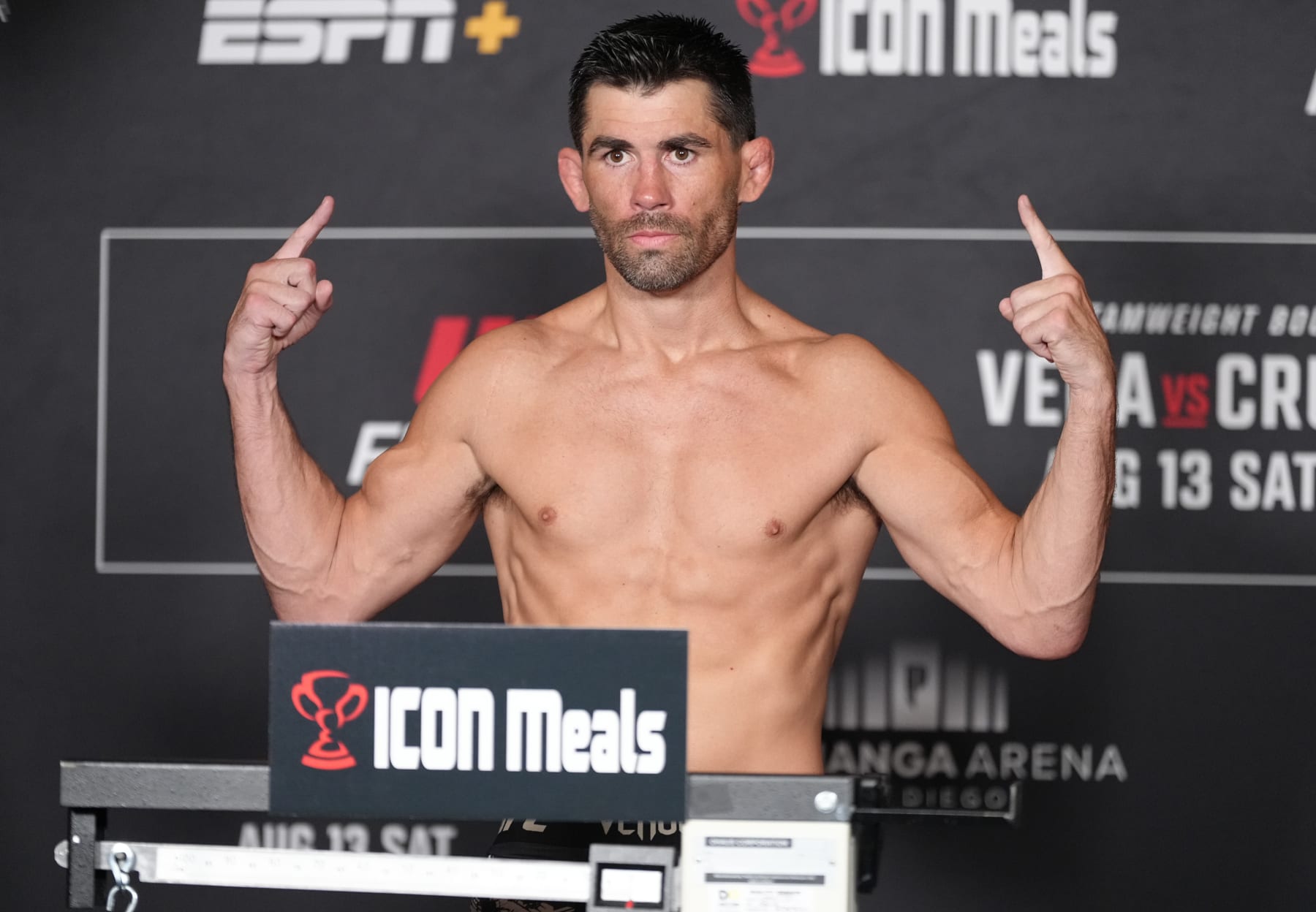SAN DIEGO, CALIFORNIA - AUGUST 12: Dominick Cruz poses on the scale during the UFC Fight Night official weigh-in at the Sheraton San Diego Hotel and Marina on August 12, 2022 in San Diego, California. (Photo by Jeff Bottari/Zuffa LLC)
