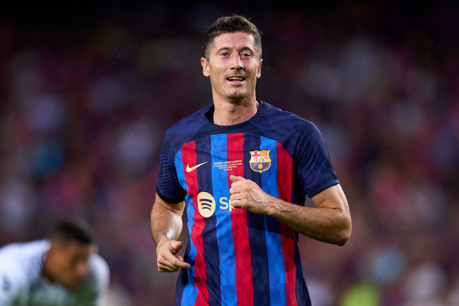 BARCELONA, SPAIN - AUGUST 07: Robert Lewandowski of FC Barcelona looks on during the Joan Gamper Trophy match between FC Barcelona and Pumas UNAM at Spotify Camp Nou on August 07, 2022 in Barcelona, Spain. (Photo by Alex Caparros/Getty Images)