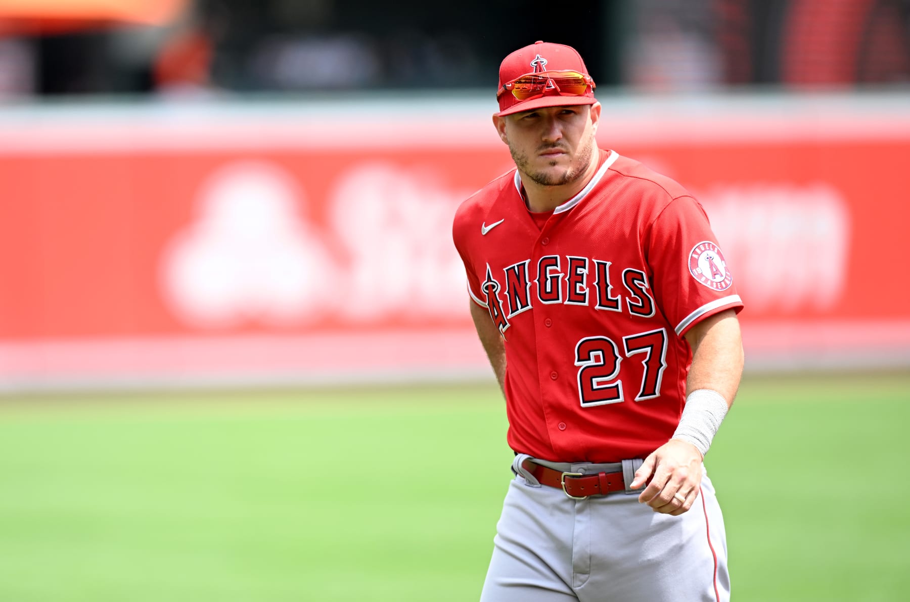 BALTIMORE, MARYLAND - JULY 10: Mike Trout #27 of the Los Angeles Angels warms up before the game against the Baltimore Orioles at Oriole Park at Camden Yards on July 10, 2022 in Baltimore, Maryland. (Photo by G Fiume/Getty Images)