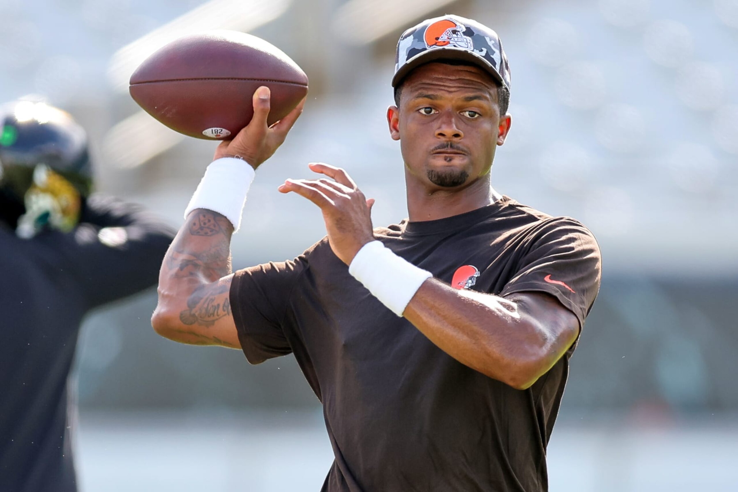JACKSONVILLE, FL - AUGUST 12: Deshaun Watson #4 of the Cleveland Browns warms up prior to a football game against the Jacksonville Jaguars at TIAA Bank Field on August 12, 2022 in Jacksonville, Florida. (Photo by Mike Carlson/Getty Images)