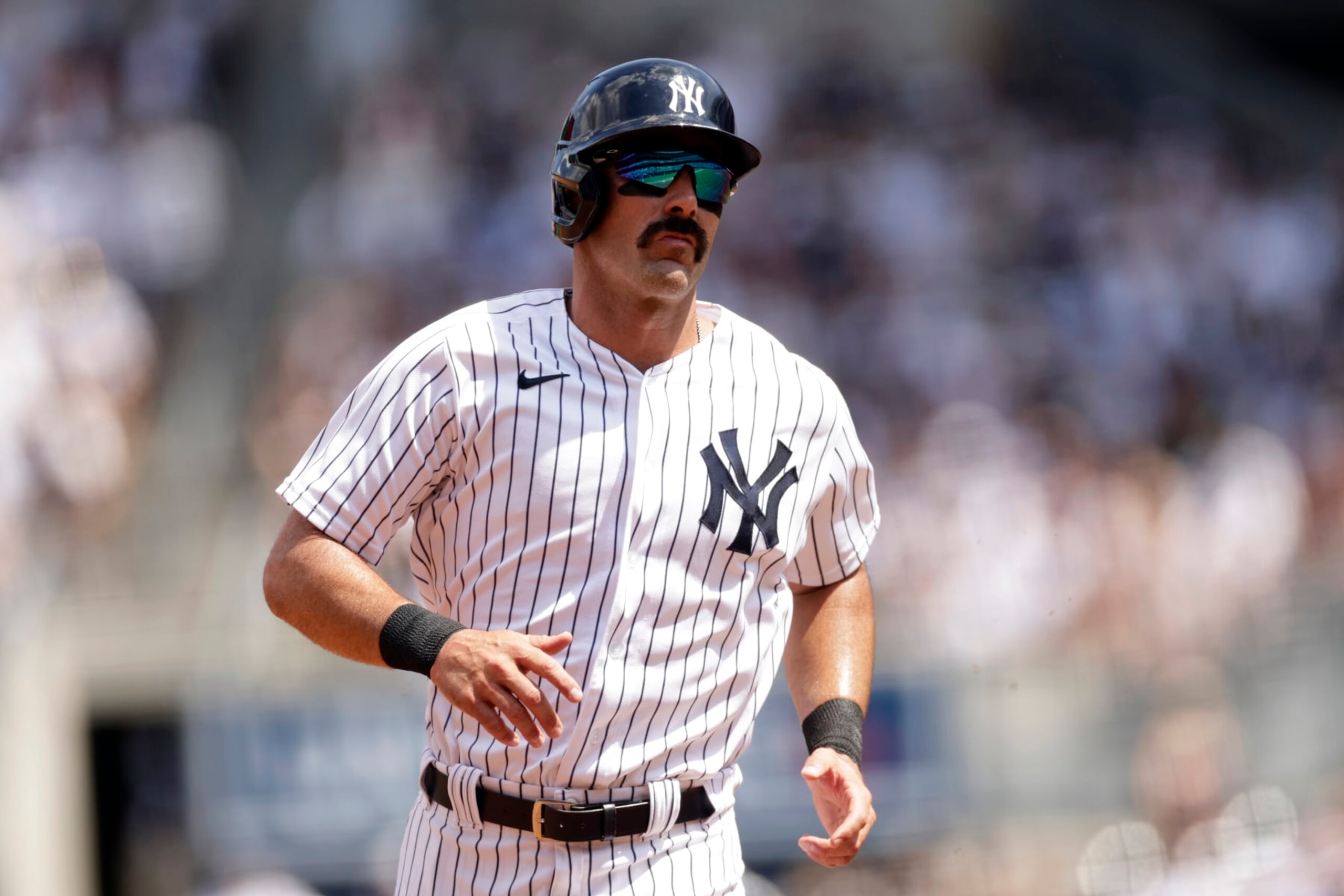 NEW YORK, NY - JULY 31: Matt Carpenter #24 of the New York Yankees runs against the Kansas City Royals during the second inning at Yankee Stadium on July 31, 2022 in the Bronx borough of New York City. (Photo by Adam Hunger/Getty Images)