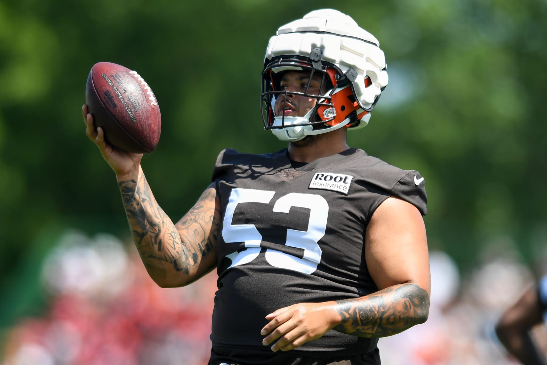 BEREA, OH - JULY 30: Nick Harris #53 of the Cleveland Browns runs a drill during Cleveland Browns training camp at CrossCountry Mortgage Campus on July 30, 2022 in Berea, Ohio. (Photo by Nick Cammett/Diamond Images via Getty Images)