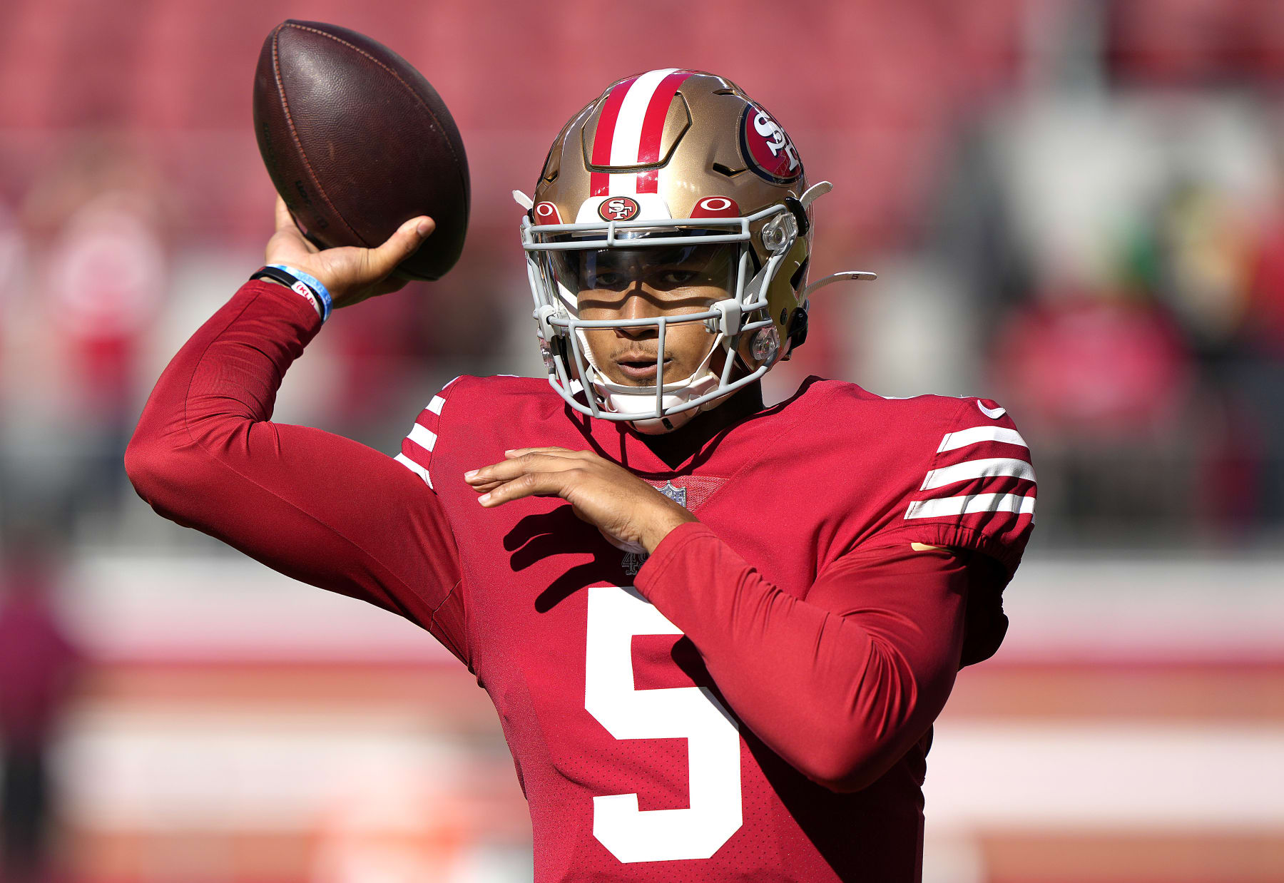 SANTA CLARA, CALIFORNIA - AUGUST 12: Trey Lance #5 of the San Francisco 49ers warms up prior to the start of a preseason NFL game against the Green Bay Packers at Levi's Stadium on August 12, 2022 in Santa Clara, California. (Photo by Thearon W. Henderson/Getty Images)