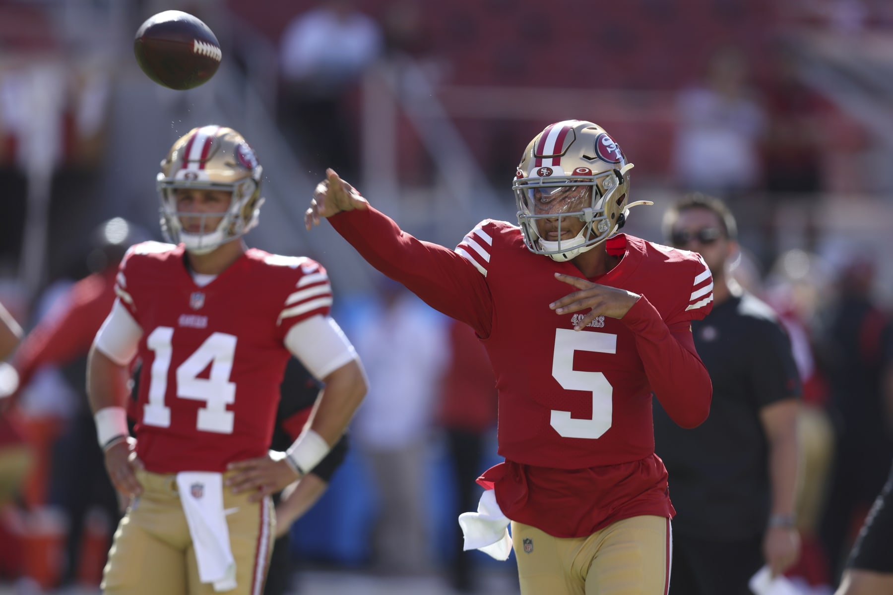 San Francisco 49ers quarterback Trey Lance (5) warms up before an NFL preseason football game against the Green Bay Packers in Santa Clara, Calif., Friday, Aug. 12, 2022. (AP Photo/Jed Jacobsohn)