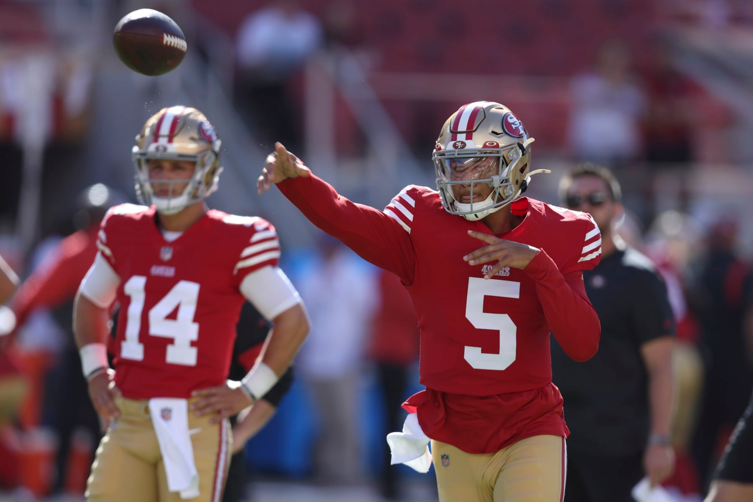 San Francisco 49ers quarterback Trey Lance (5) warms up before an NFL preseason football game against the Green Bay Packers in Santa Clara, Calif., Friday, Aug. 12, 2022. (AP Photo/Jed Jacobsohn) San Francisco 49ers quarterback Trey Lance (5) warms up before an NFL preseason football game against the Green Bay Packers in Santa Clara, Calif., Friday, Aug. 12, 2022. (AP Photo/Jed Jacobsohn)