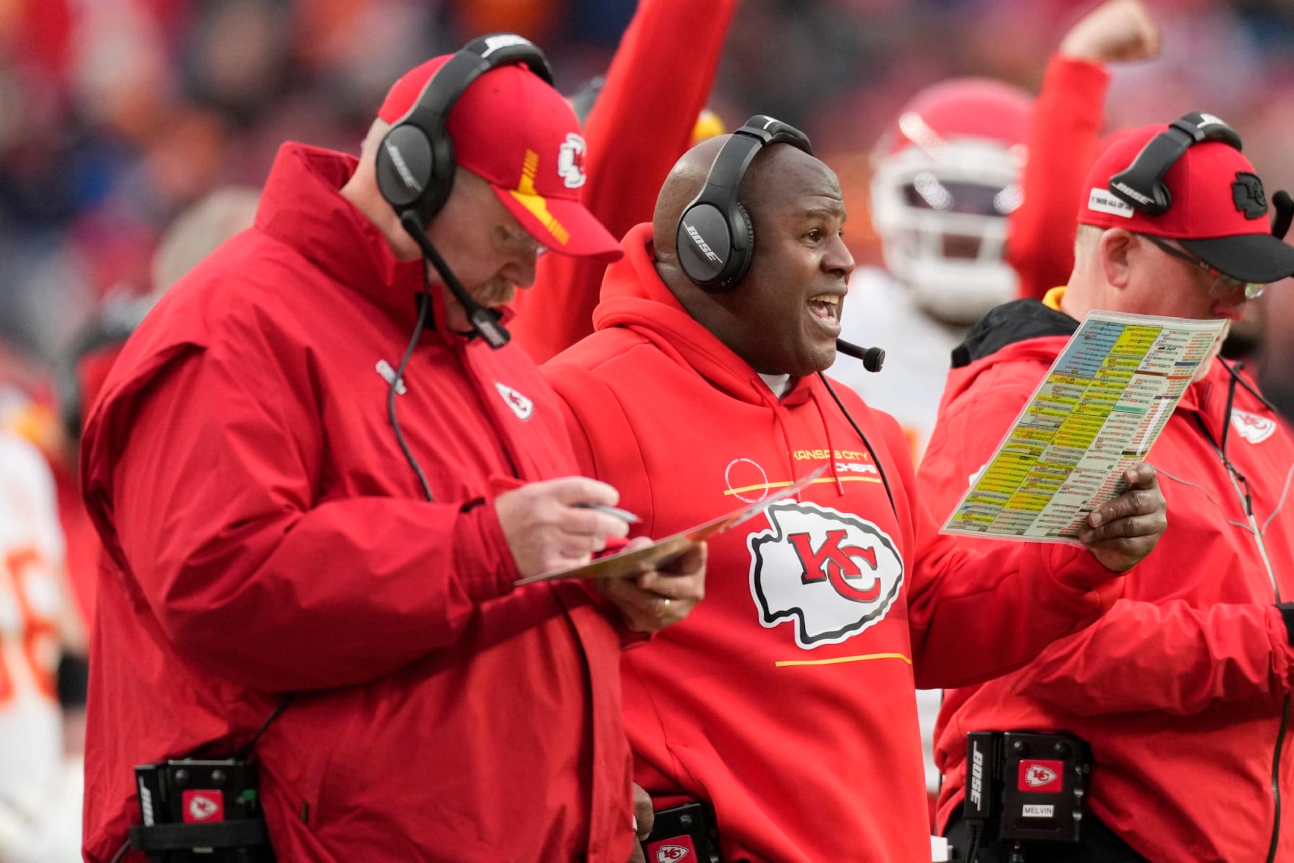 FILE - Kansas City Chiefs head coach Andy Reid, left, and offensive coordinator Eric Bieniemy are shown during the first half of an NFL football game against the Denver Broncos, Saturday, Jan. 8, 2022, in Denver. Even though the NFL attempted to enhance opportunities for minority candidates to become head coaches in a league whose players are 70% black, there was a disconnect. (AP Photo/David Zalubowski, File)