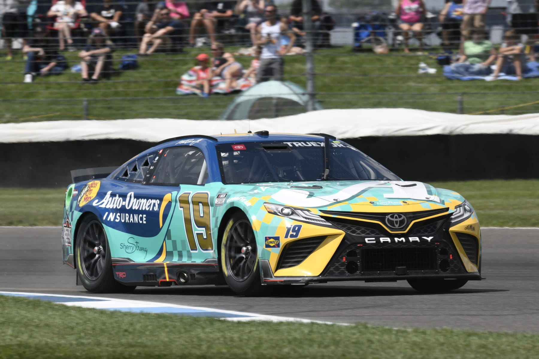 INDIANAPOLIS, IN - JULY 31: Martin Truex Jr (#19 Joe Gibbs Racing Auto-Owners Insurance Toyota) drives through turn eight during the NASCAR Cup Series Verizon 200 at the Brickyard on July 31, 2022, at the Indianapolis Motor Speedway Road Course in Indianapolis, Indiana. (Photo by Michael Allio/Icon Sportswire via Getty Images)