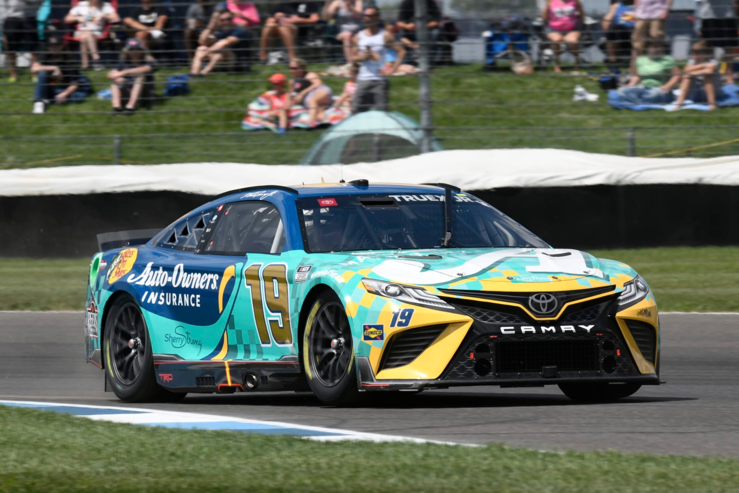 INDIANAPOLIS, IN - JULY 31: Martin Truex Jr (#19 Joe Gibbs Racing Auto-Owners Insurance Toyota) drives through turn eight during the NASCAR Cup Series Verizon 200 at the Brickyard on July 31, 2022, at the Indianapolis Motor Speedway Road Course in Indianapolis, Indiana. (Photo by Michael Allio/Icon Sportswire via Getty Images)