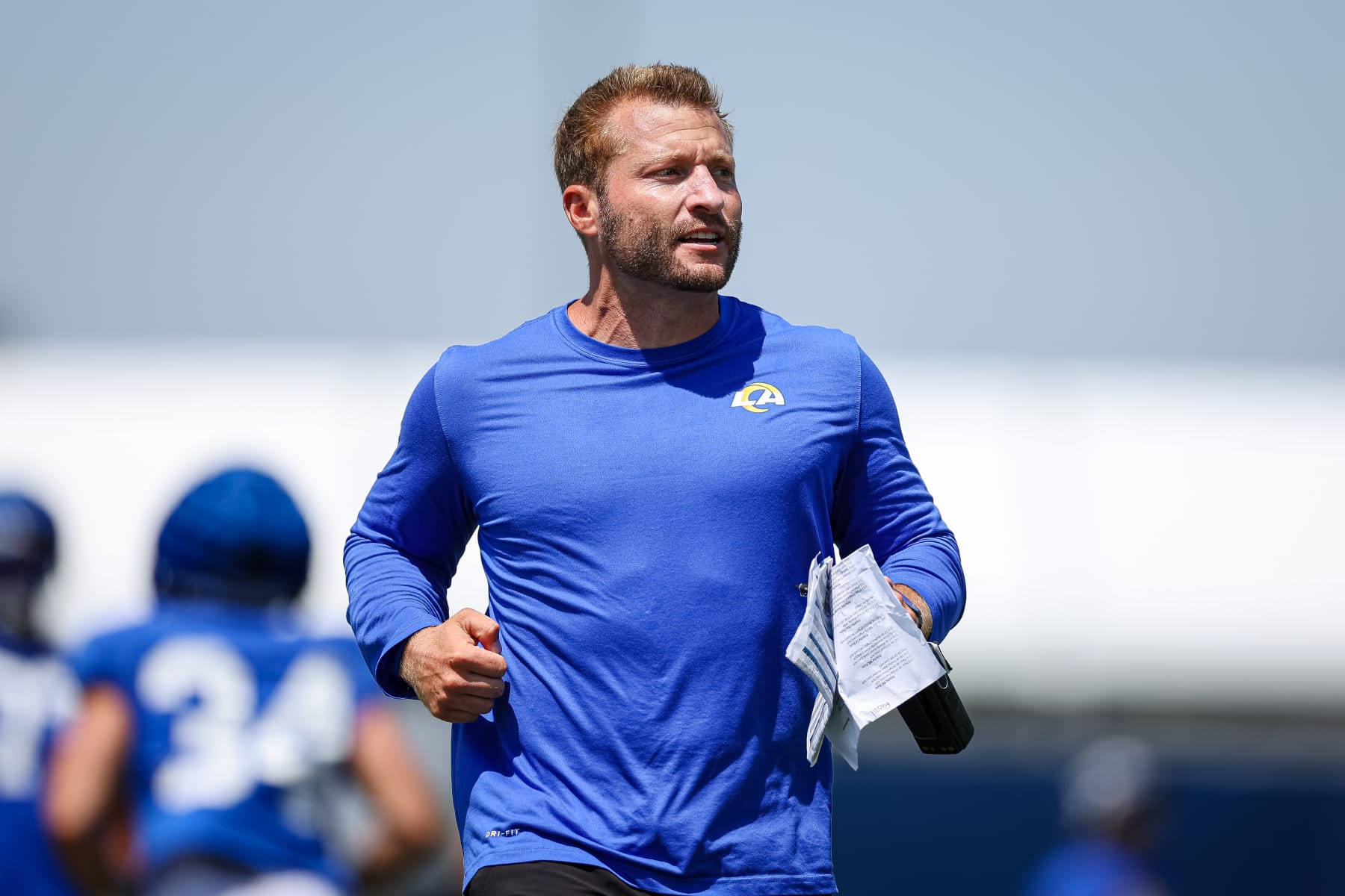 IRVINE, CA - JULY 29: Head coach Sean McVay of the Los Angeles Rams in action during training camp at University of California Irvine on July 29, 2022 in Irvine, California. (Photo by Scott Taetsch/Getty Images)