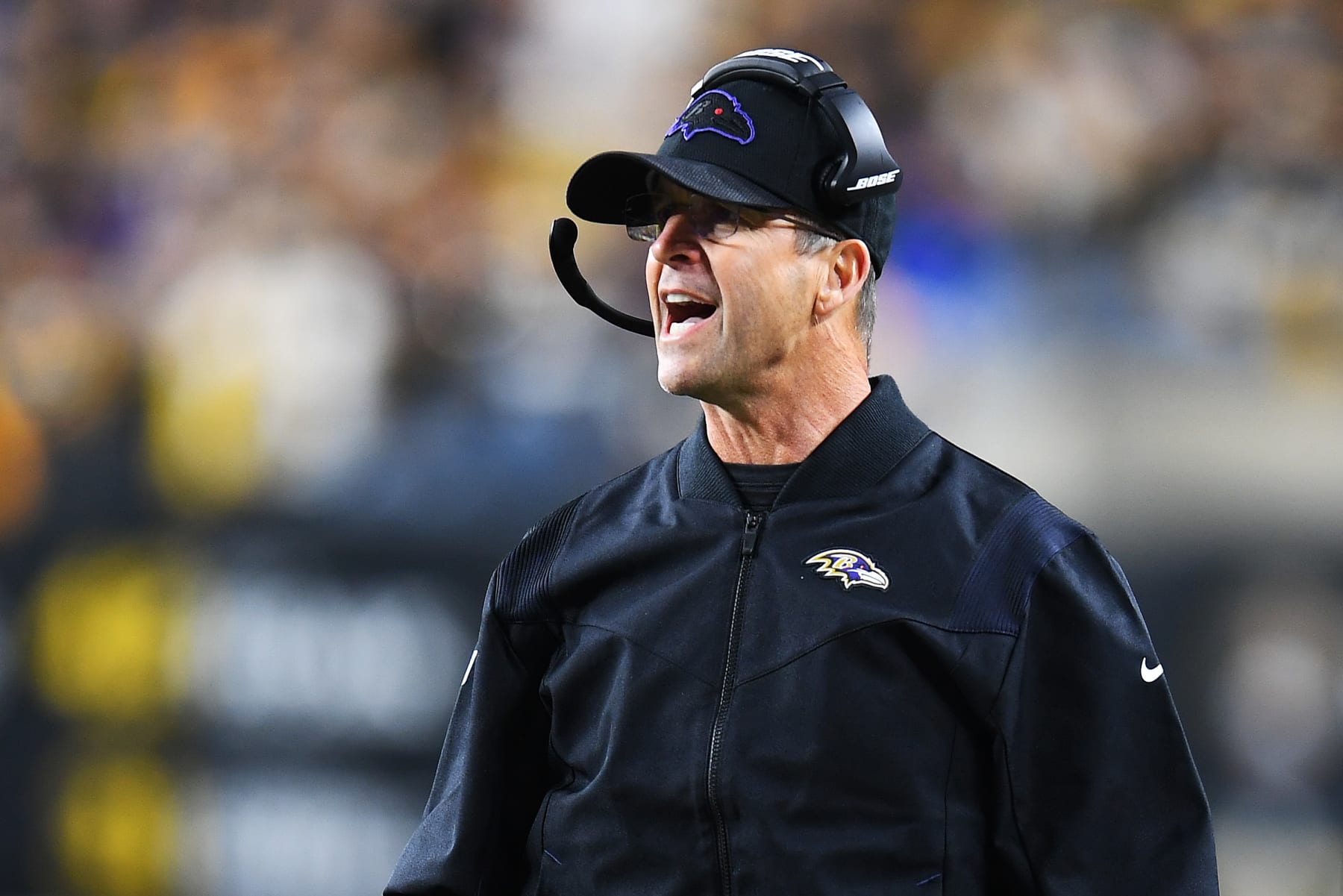 PITTSBURGH, PENNSYLVANIA - DECEMBER 05: Head coach John Harbaugh of the Baltimore Ravens reacts during the third quarter against the Pittsburgh Steelers at Heinz Field on December 05, 2021 in Pittsburgh, Pennsylvania. (Photo by Joe Sargent/Getty Images)