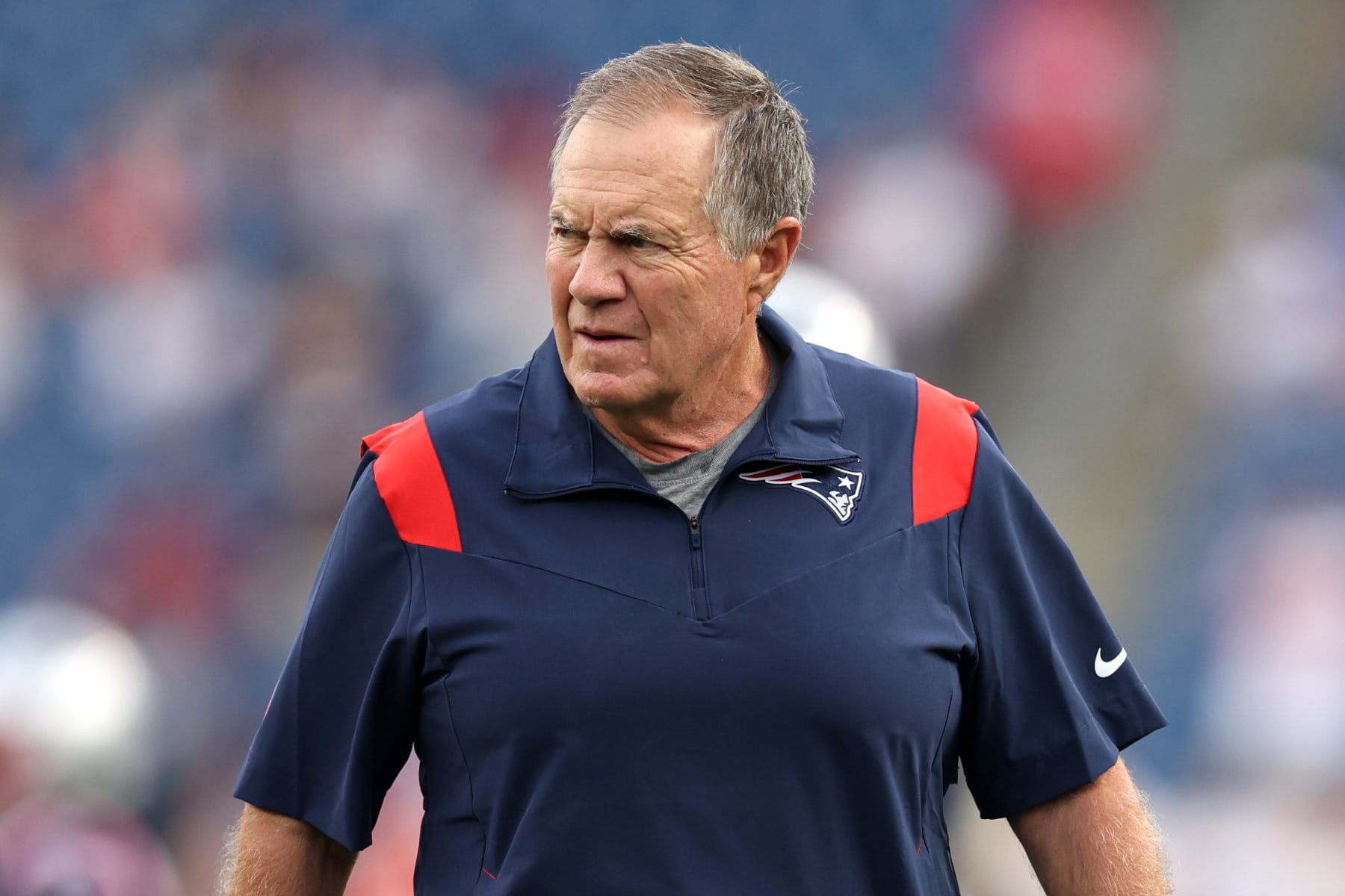 FOXBOROUGH, MASSACHUSETTS - AUGUST 11: Head coach Bill Belichick of the New England Patriots looks on during warm ups ahead of the the preseason game between the New York Giants and the New England Patriots at Gillette Stadium on August 11, 2022 in Foxborough, Massachusetts. (Photo by Maddie Meyer/Getty Images)