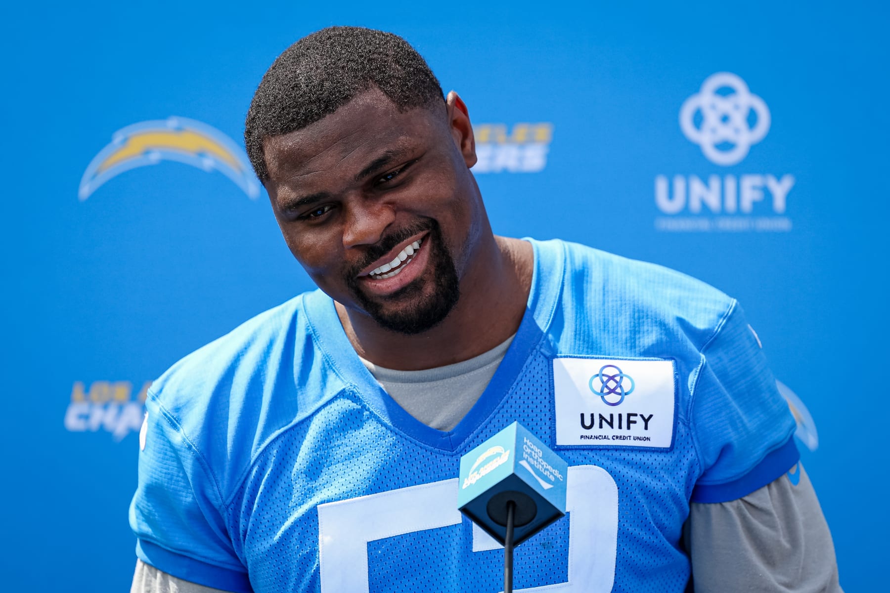 COSTA MESA, CA - JULY 27: Khalil Mack #52 of the Los Angeles Chargers speaks with the media during training camp at Jack Hammett Sports Complex on July 27, 2022 in Costa Mesa, California. (Photo by Scott Taetsch/Getty Images)