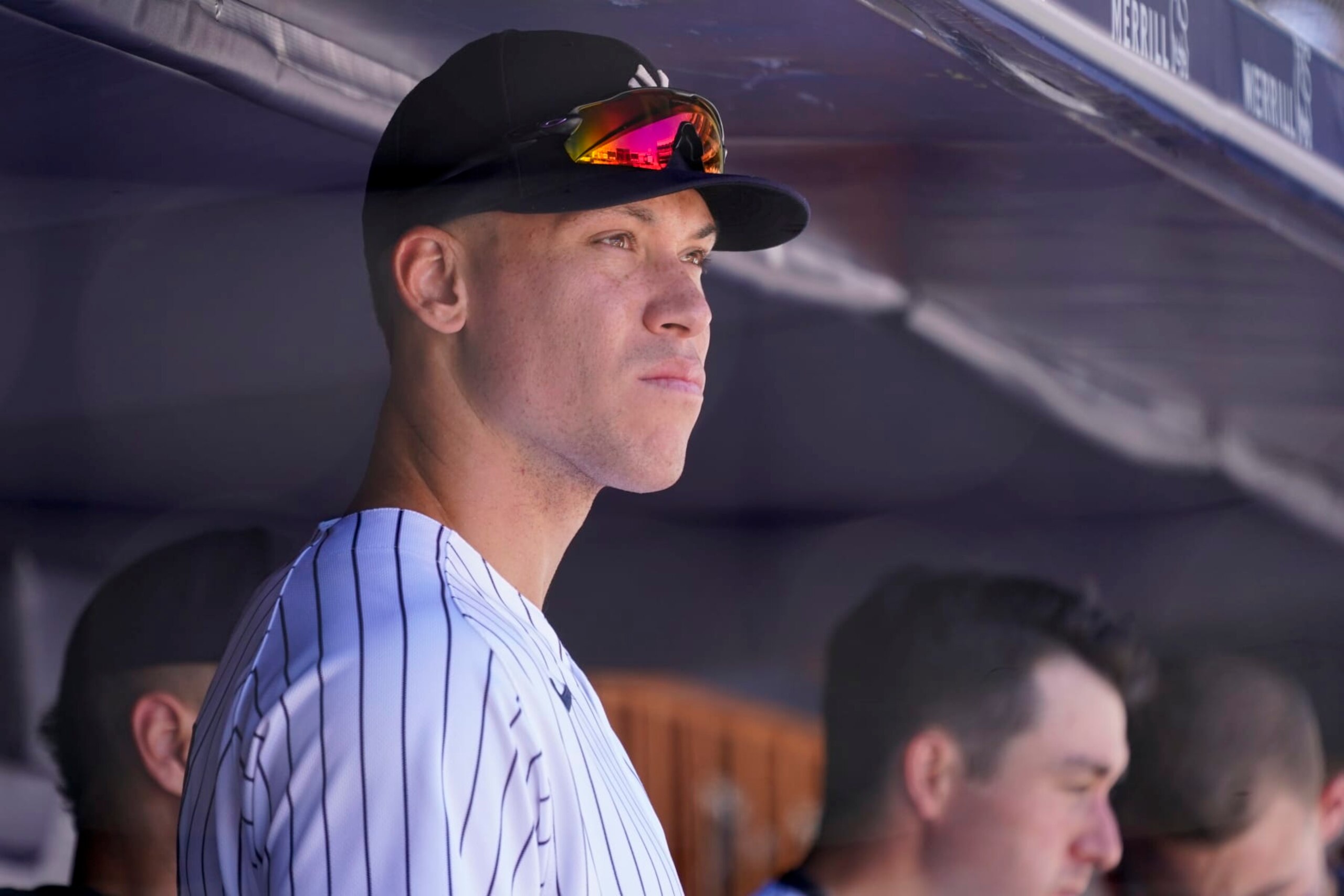New York Yankees' Aaron Judge watches from the dugout in the seventh inning of a baseball game against the Seattle Mariners, Wednesday, Aug. 3, 2022, in New York. (AP Photo/Mary Altaffer)